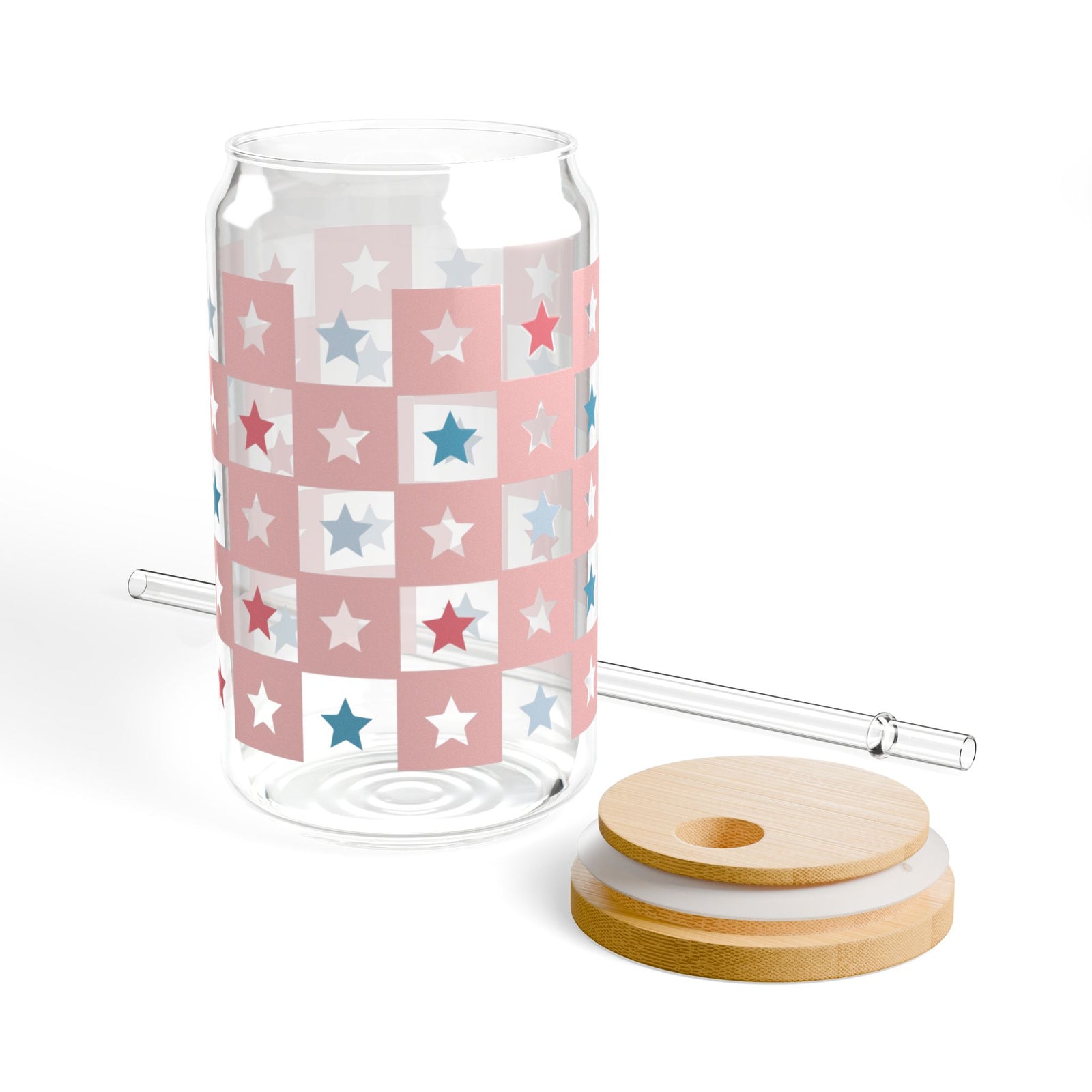 Checkered Stars Tumbler Sipper Glass 16oz — Reusable Drink Jar with Lid & Straw