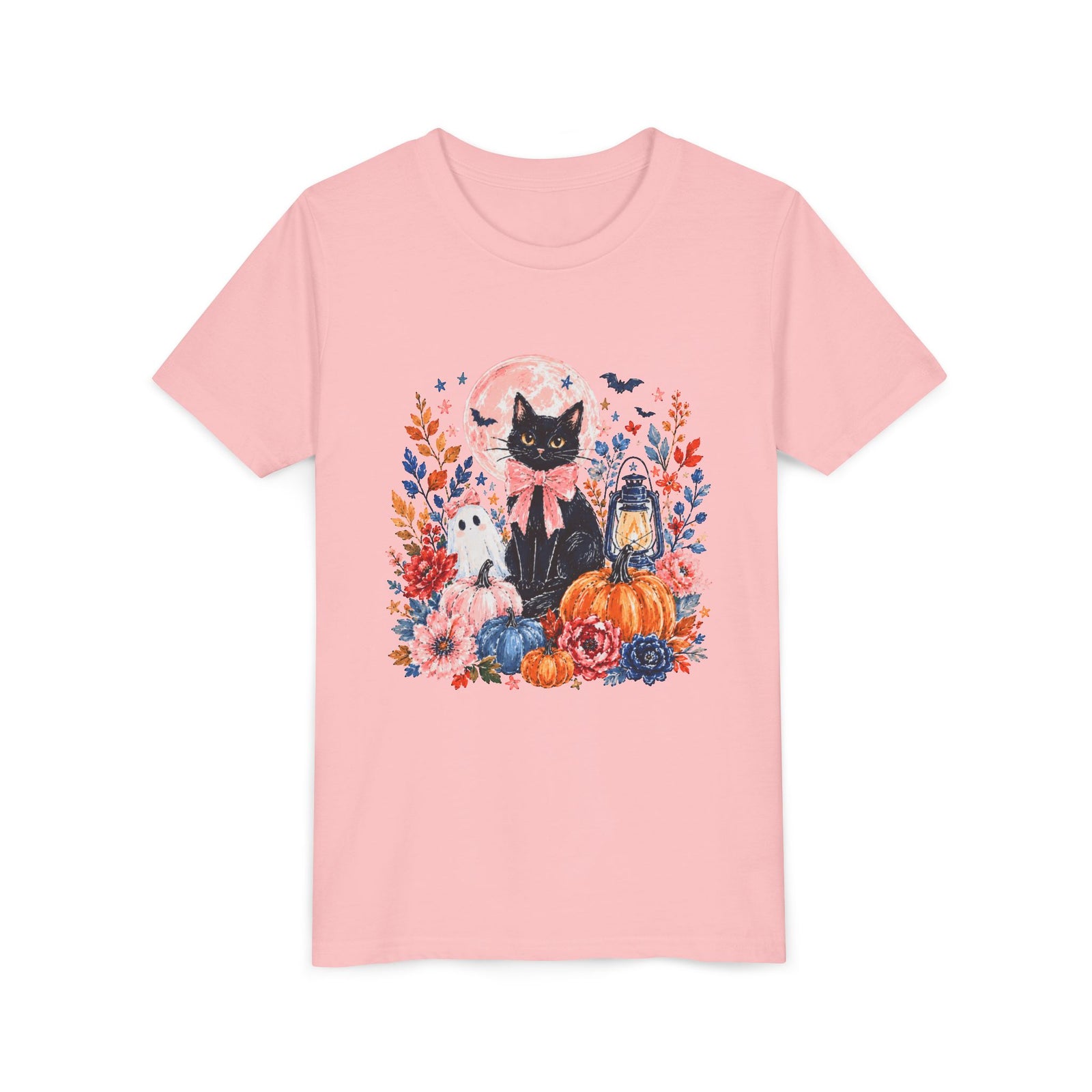 Girly Black Cat Halloween T-Shirt Cute Pumpkin & Lantern Fall Kids Graphic Tee