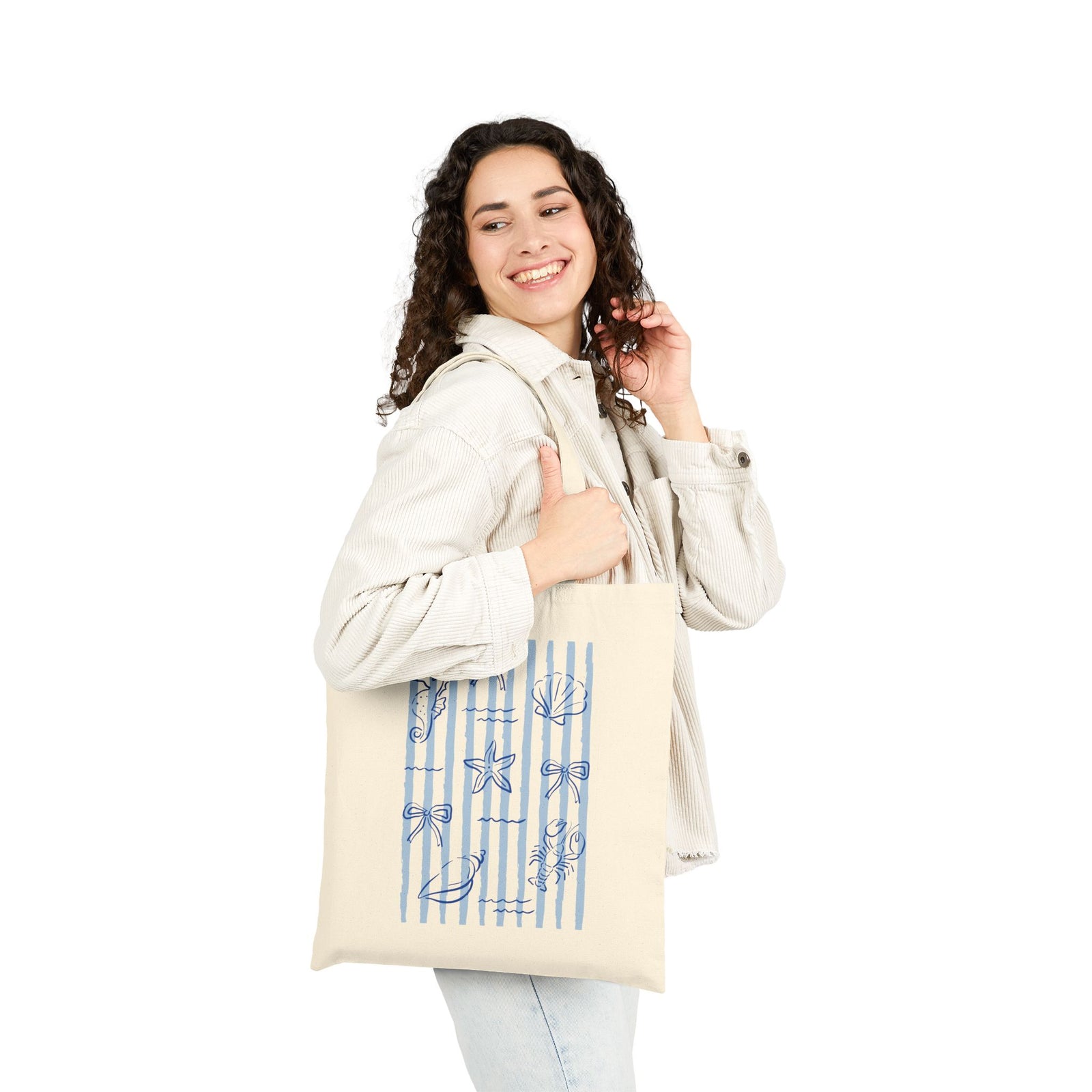 Coastal Blue Seashell Stripe Cotton Canvas Beach or Market Tote Bag