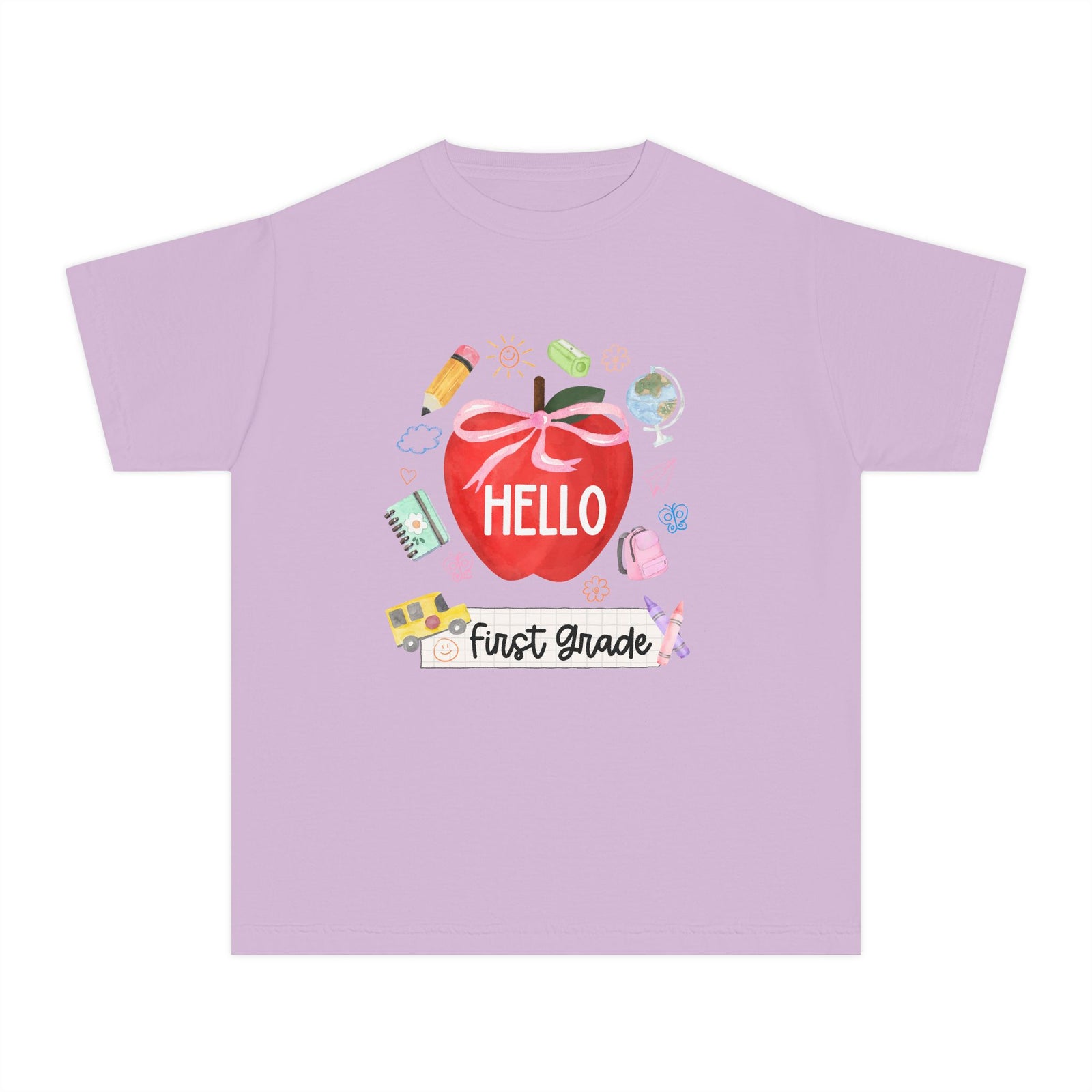Hello First Grade Preppy Coquette Apple Graphic Tee Back to School 1st Grade T-Shirt