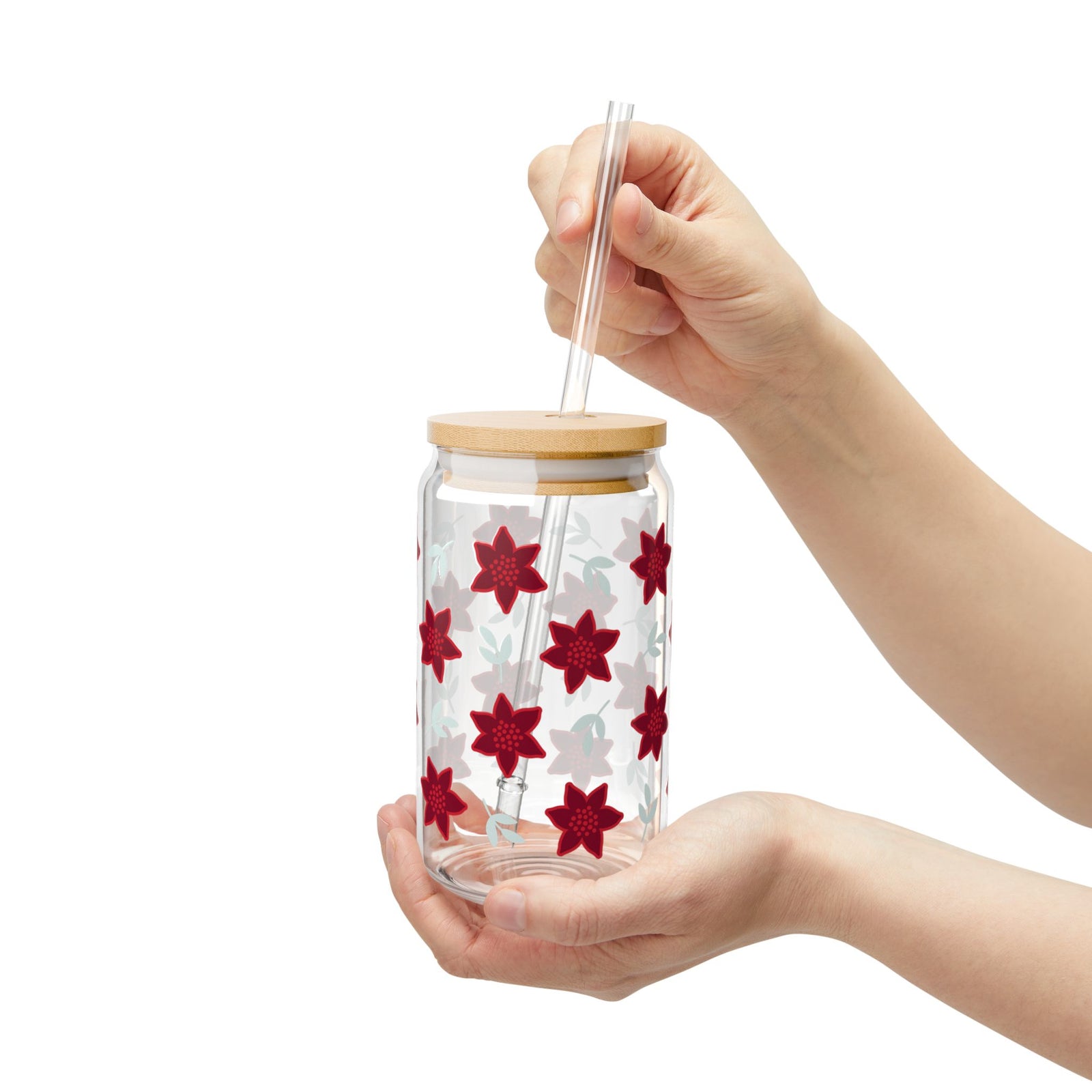 Poinsettia Christmas Flowers 16 oz reusable glass drink jar with lid and straw