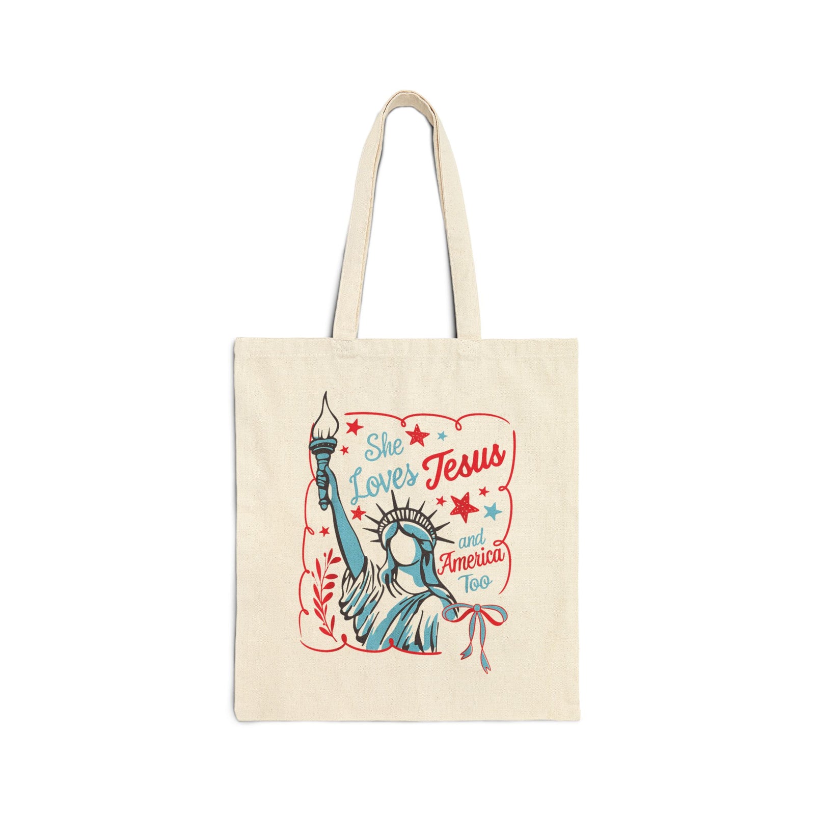 She Loves Jesus and America Too Statue of Liberty Patriotic Canvas Tote Bag