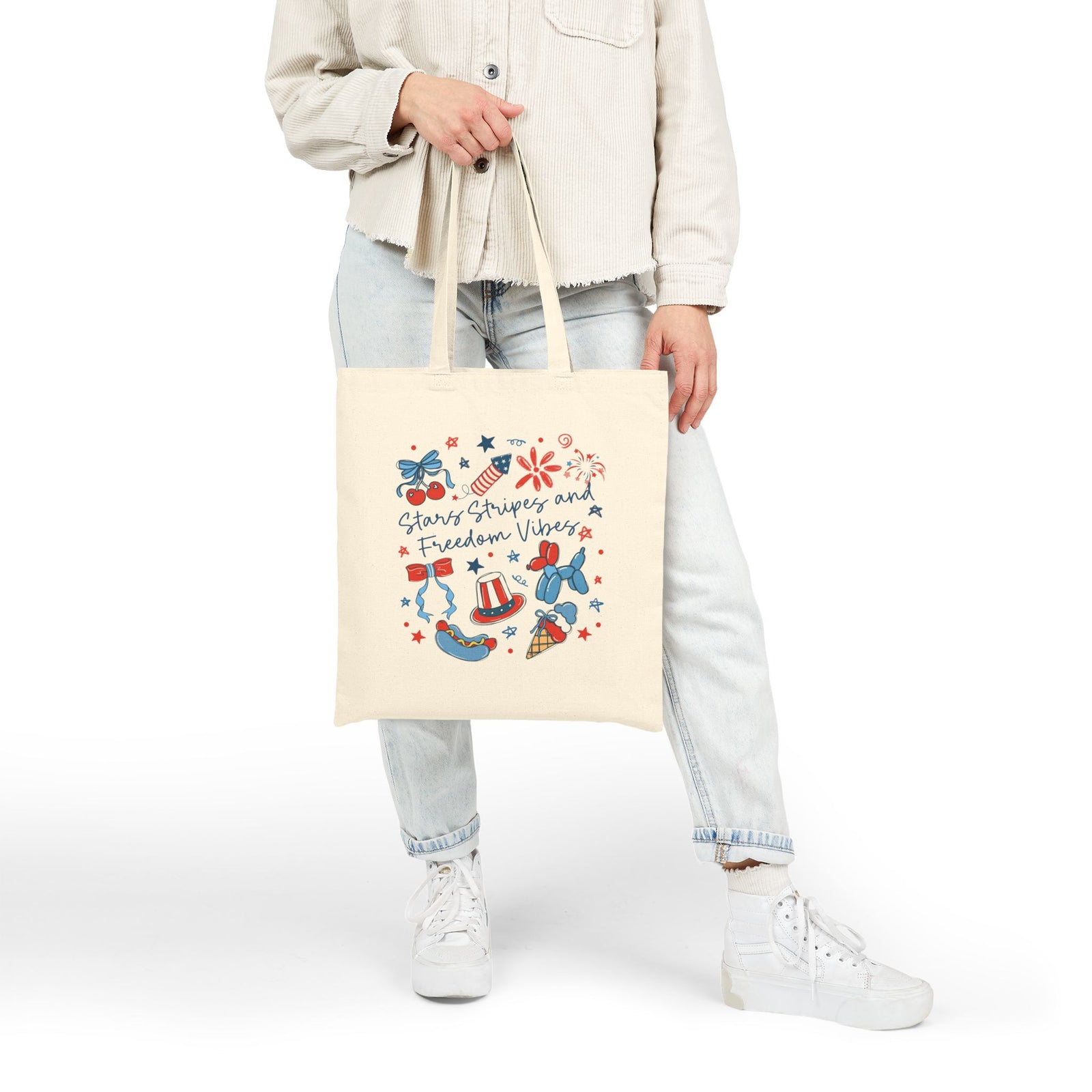 Stars Stripes & Freedom Vibes Patriotic Cotton Canvas Tote Bag