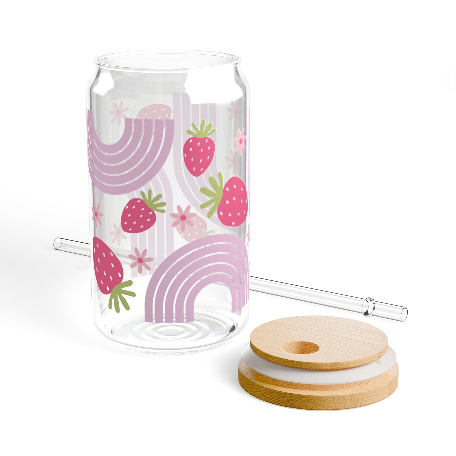 Wild Strawberry Tumbler Sipper Glass 16oz — Reusable Drink Jar with Lid & Straw