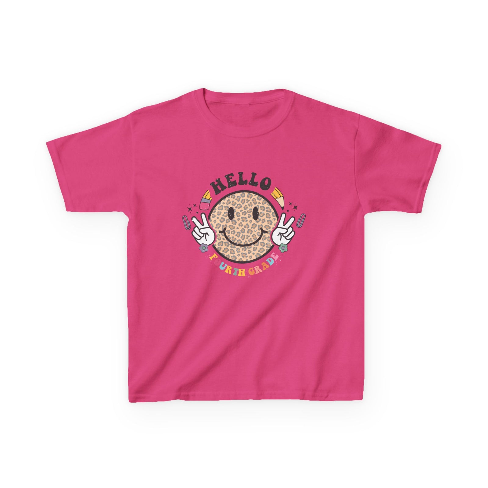 Fourth Grade Cheetah Smiley Face Graphic Tee Back-to-School 4th Grade Kids T-Shirt