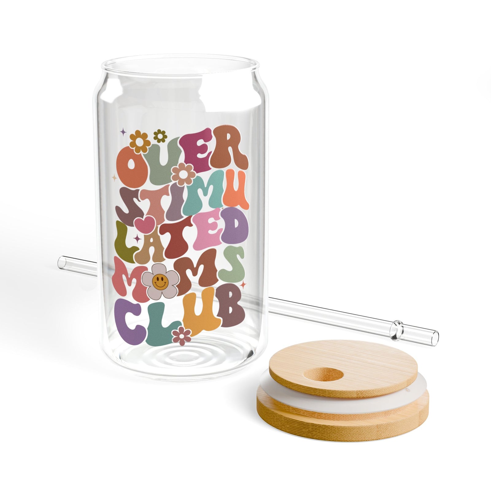 Overstimulated Moms Club Retro Sipper Glass 16oz Reusable Drink Jar with Lid & Straw