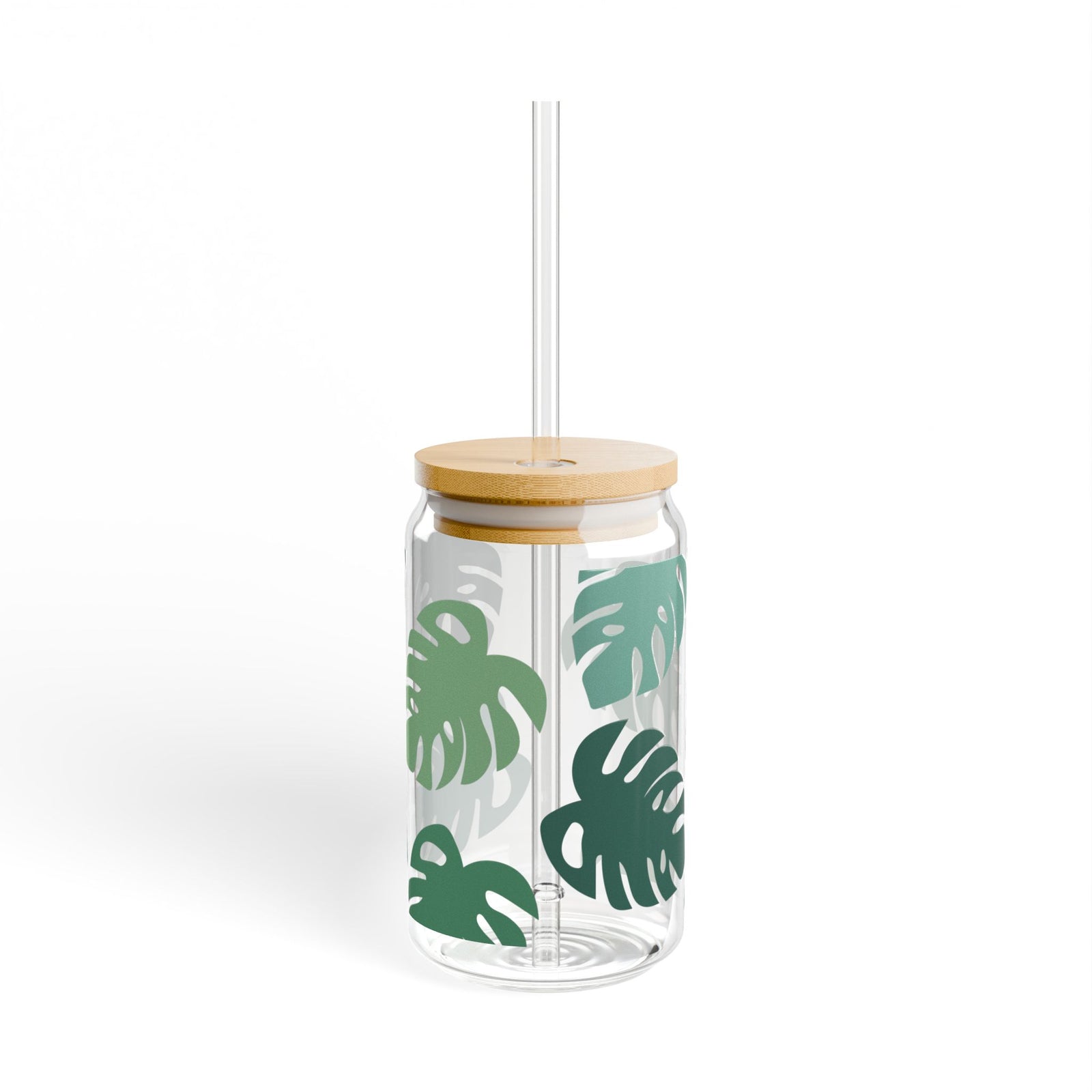 Monstera Leaf Tumbler Sipper Glass 16oz — Reusable Drink Jar with Lid & Straw
