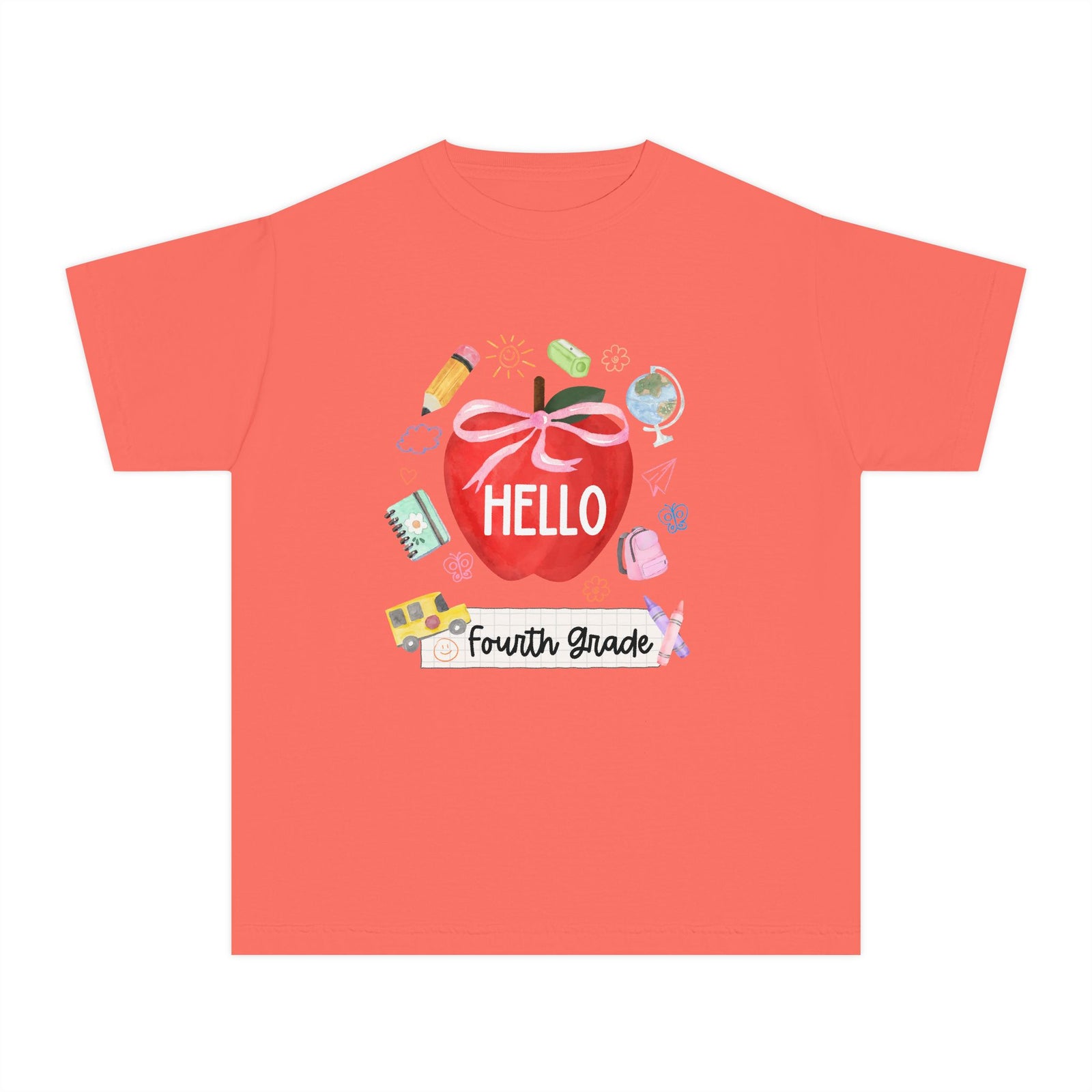 Hello Fourth Grade Preppy Coquette Apple Graphic Tee Back to School 4th Grade T-Shirt