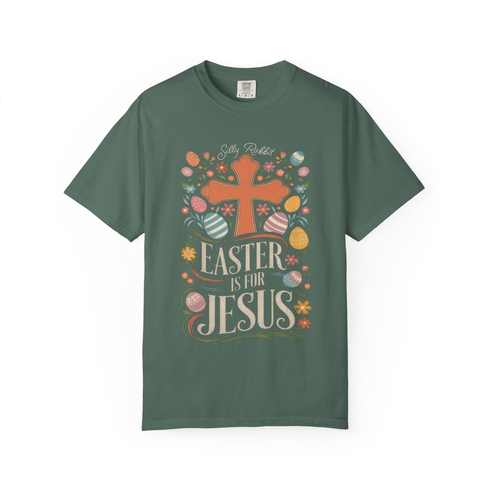 Silly Rabbit Easter Is For Jesus Christian T-Shirt Cross & Easter Eggs Faith Distressed Tee