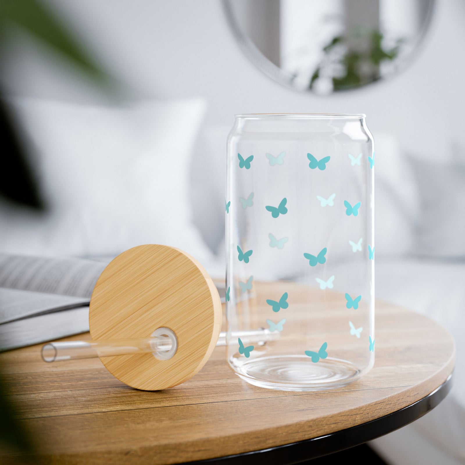 Mini Butterfly Turquoise Blue Sipper Glass 16oz — Reusable Drink Jar with Lid & Straw - Sydney So Sweet