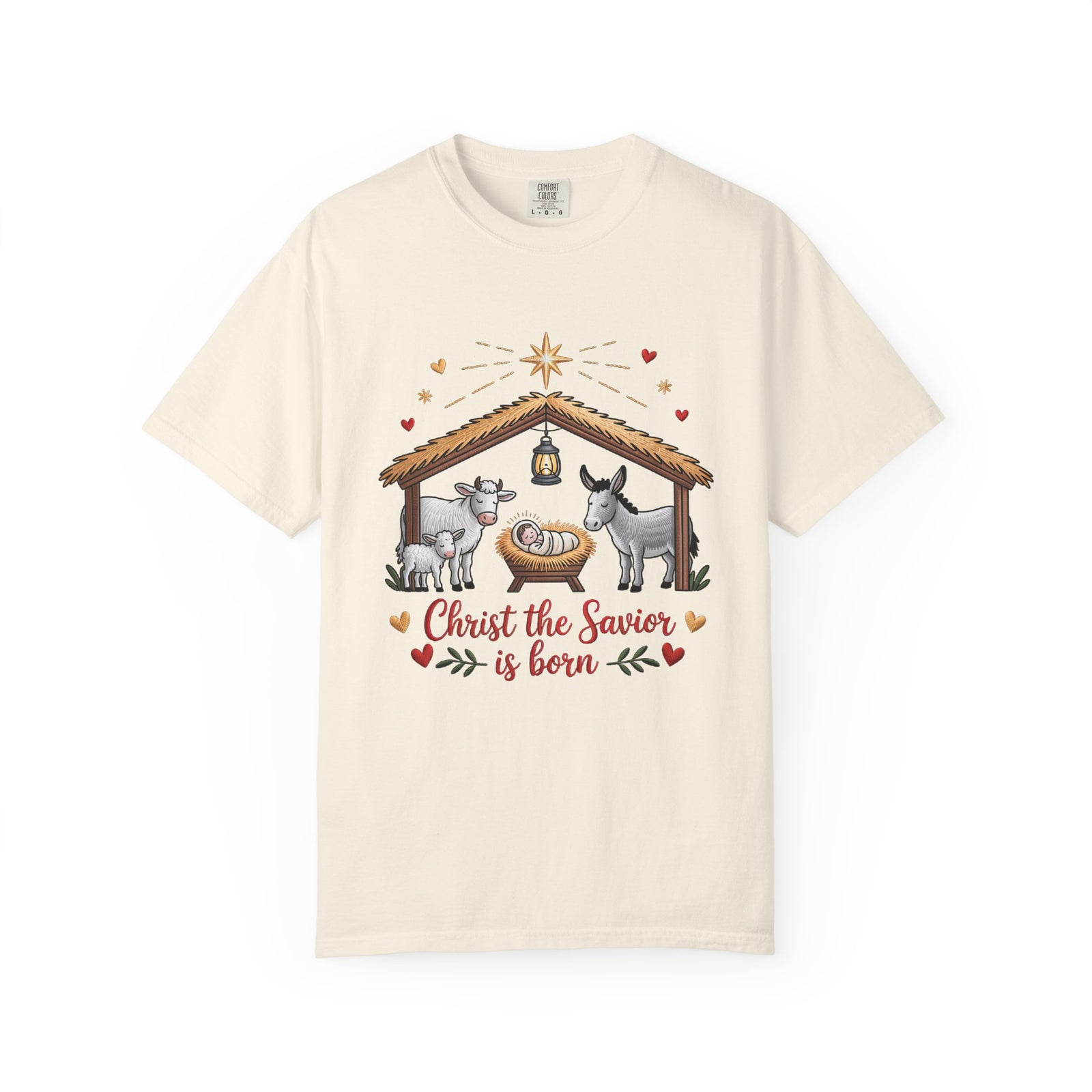 Christ the Savior is Born Faux Embroidery T-Shirt Nativity Scene Graphic Tee
