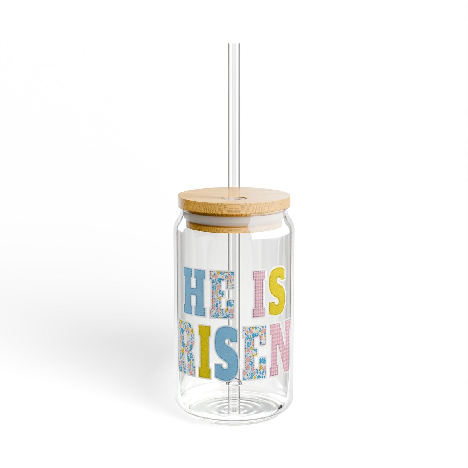He Is Risen Easter Floral Patchwork Christian Sipper Glass 16oz Reusable Drink Jar with Lid & Straw