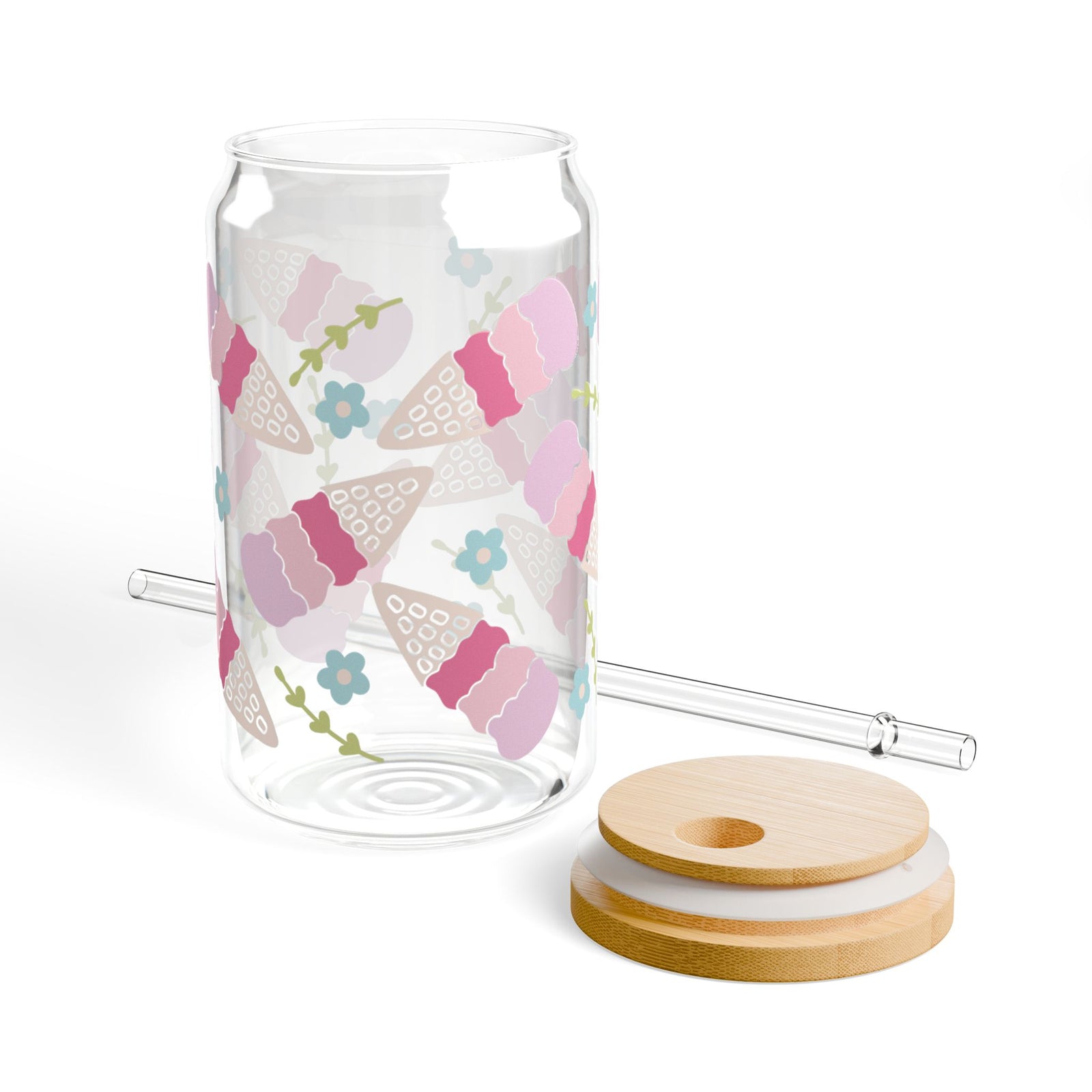 Ice Cream Cones Tumbler Sipper Glass 16oz — Reusable Drink Jar with Lid & Straw