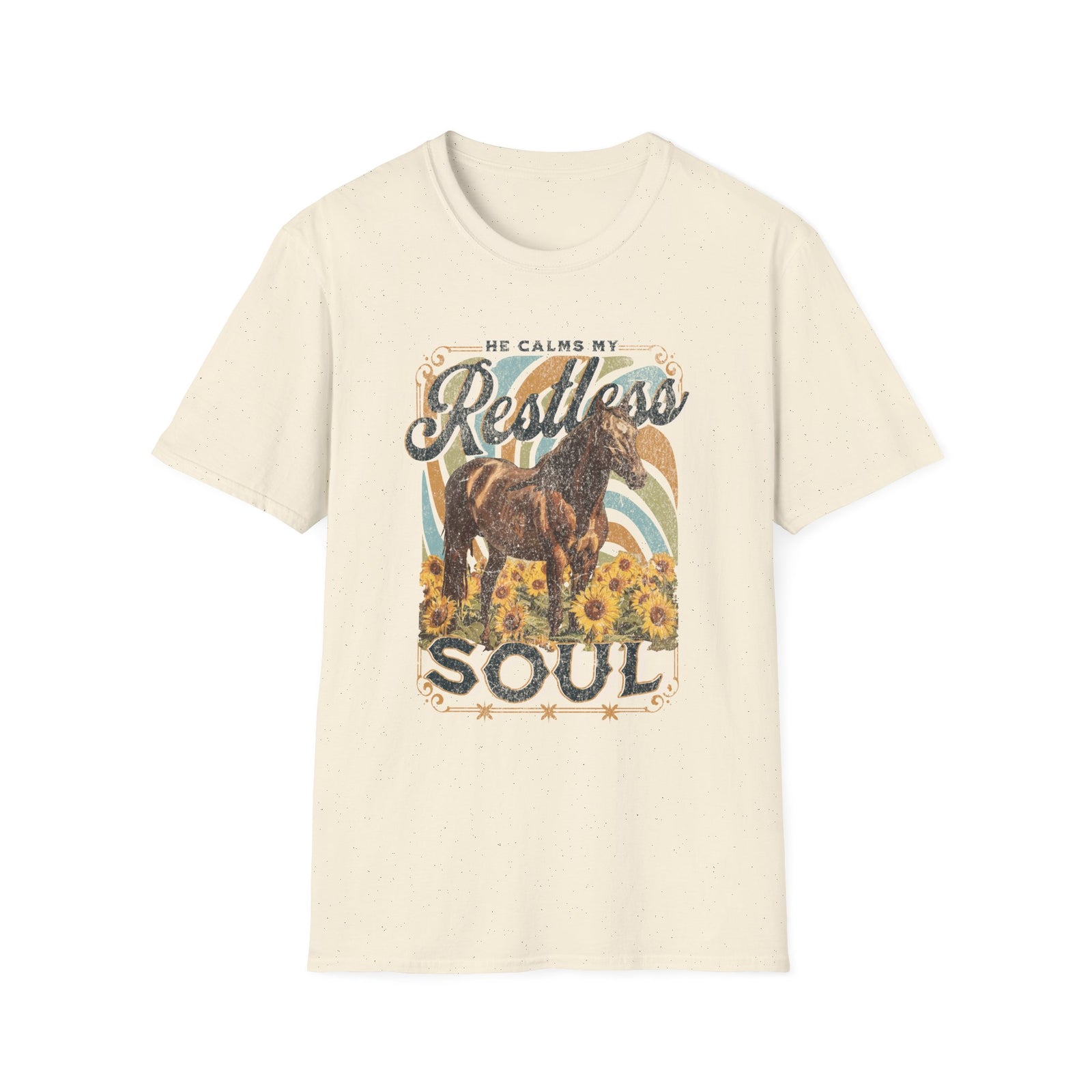 He Calms My Restless Soul T-Shirt Christian Horse & Sunflower Distressed Graphic Tee
