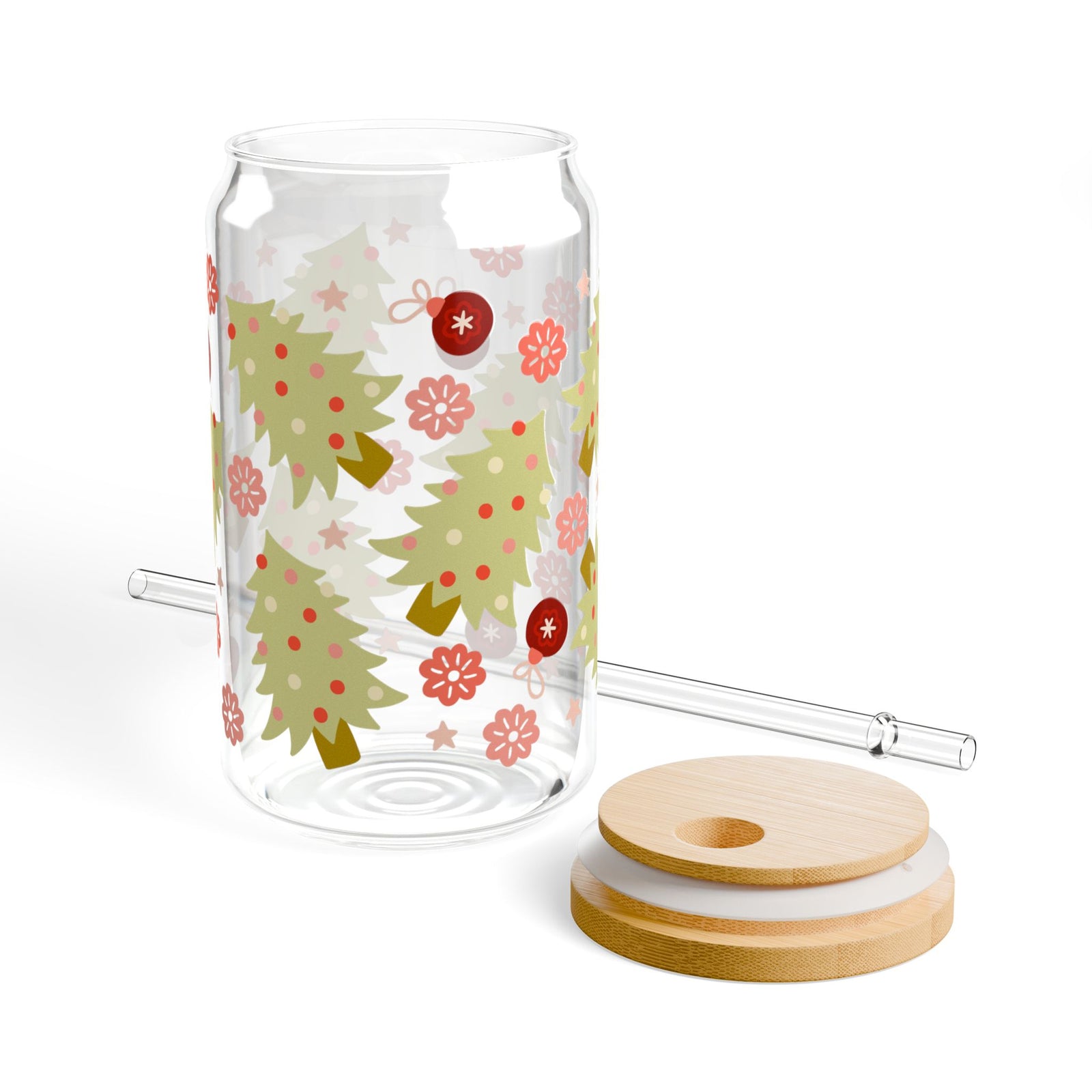 90's Christmas 16 oz reusable glass drink jar with lid and straw