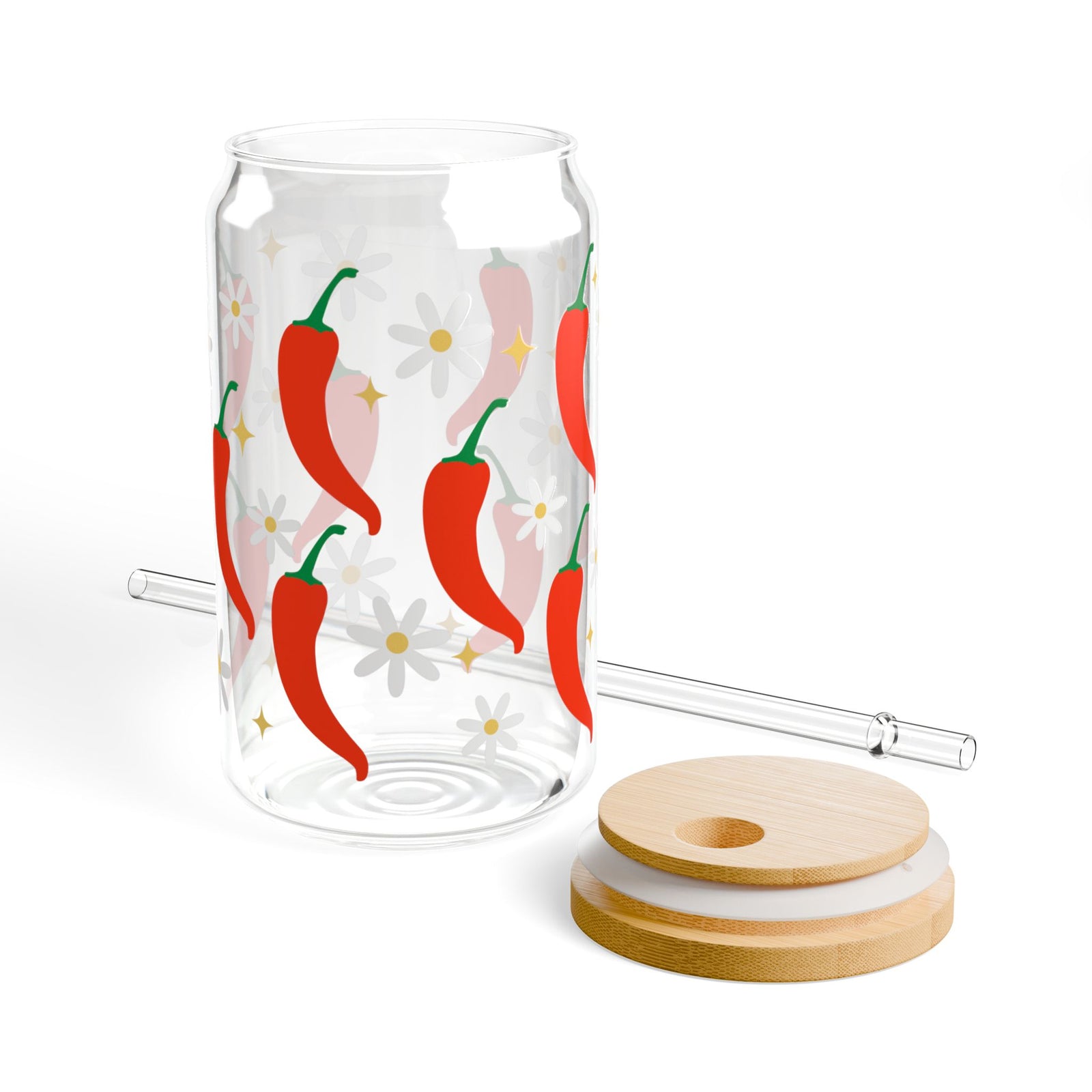 Spicy Chili Pepper Sipper Glass 16oz — Reusable Drink Jar with Lid & Straw