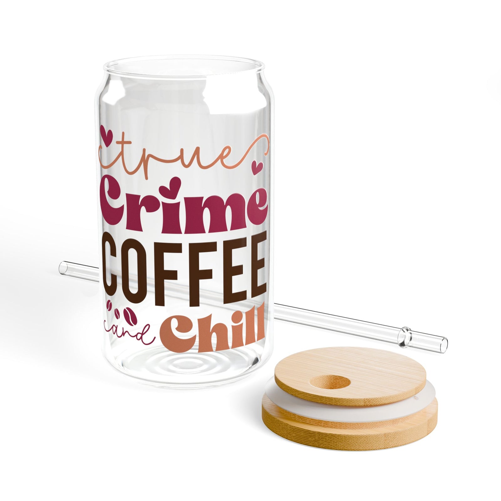 True Crime Coffee and Chill 16 oz reusable glass drink jar with lid and straw