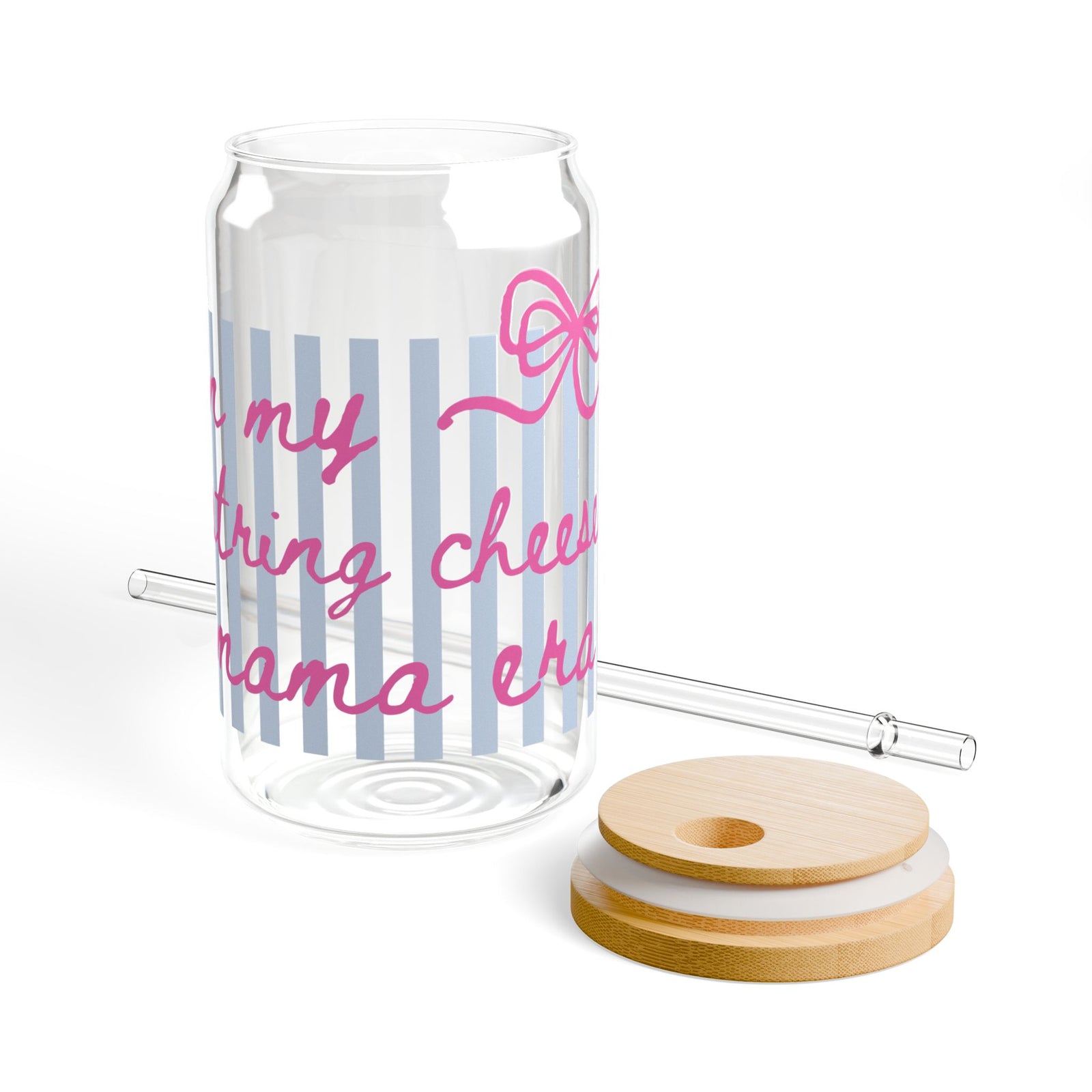 In My String Cheese Cheer Mama Era Pink Script Sipper Glass 16oz Reusable Drink Jar with Lid & Straw