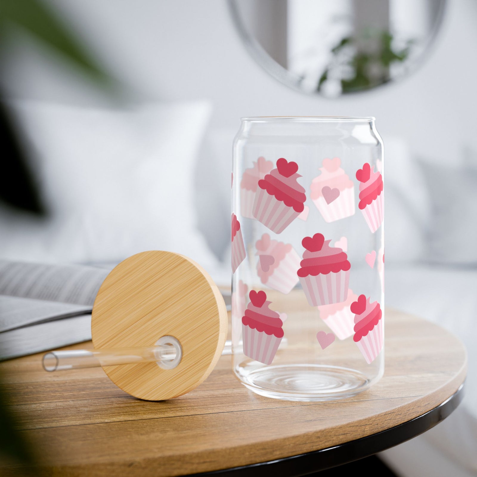 Cupcake Hearts Tumbler Sipper Glass 16oz — Reusable Drink Jar with Lid & Straw