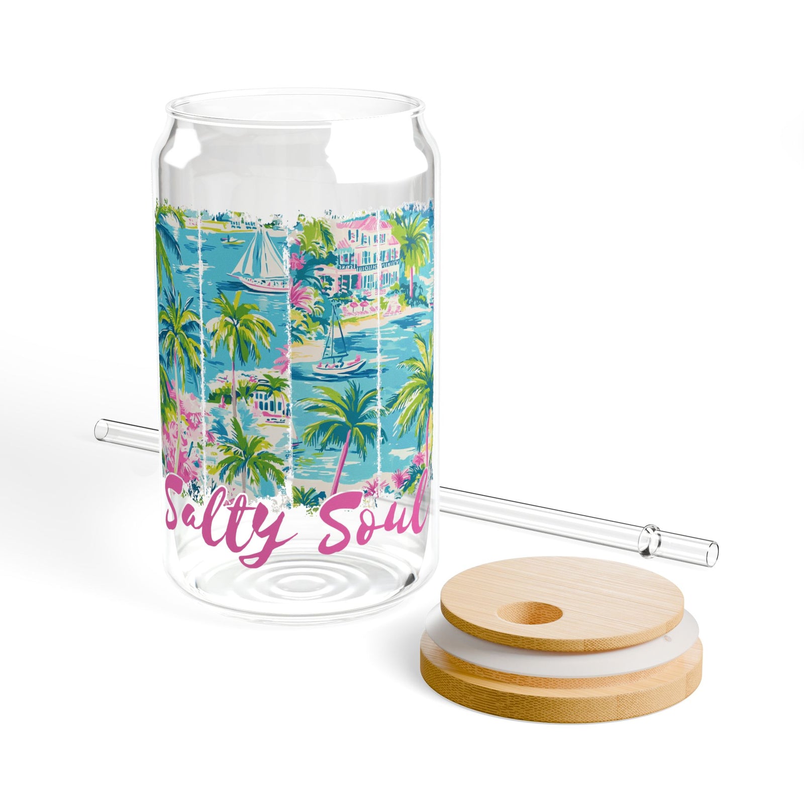 Salty Soul Tropical Beach Sipper Glass 16oz Reusable Drink Jar with Lid & Straw