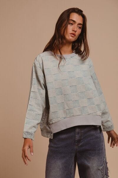 BiBi Mineral Washed Checkered Round Neck Denim Top - Sydney So Sweet