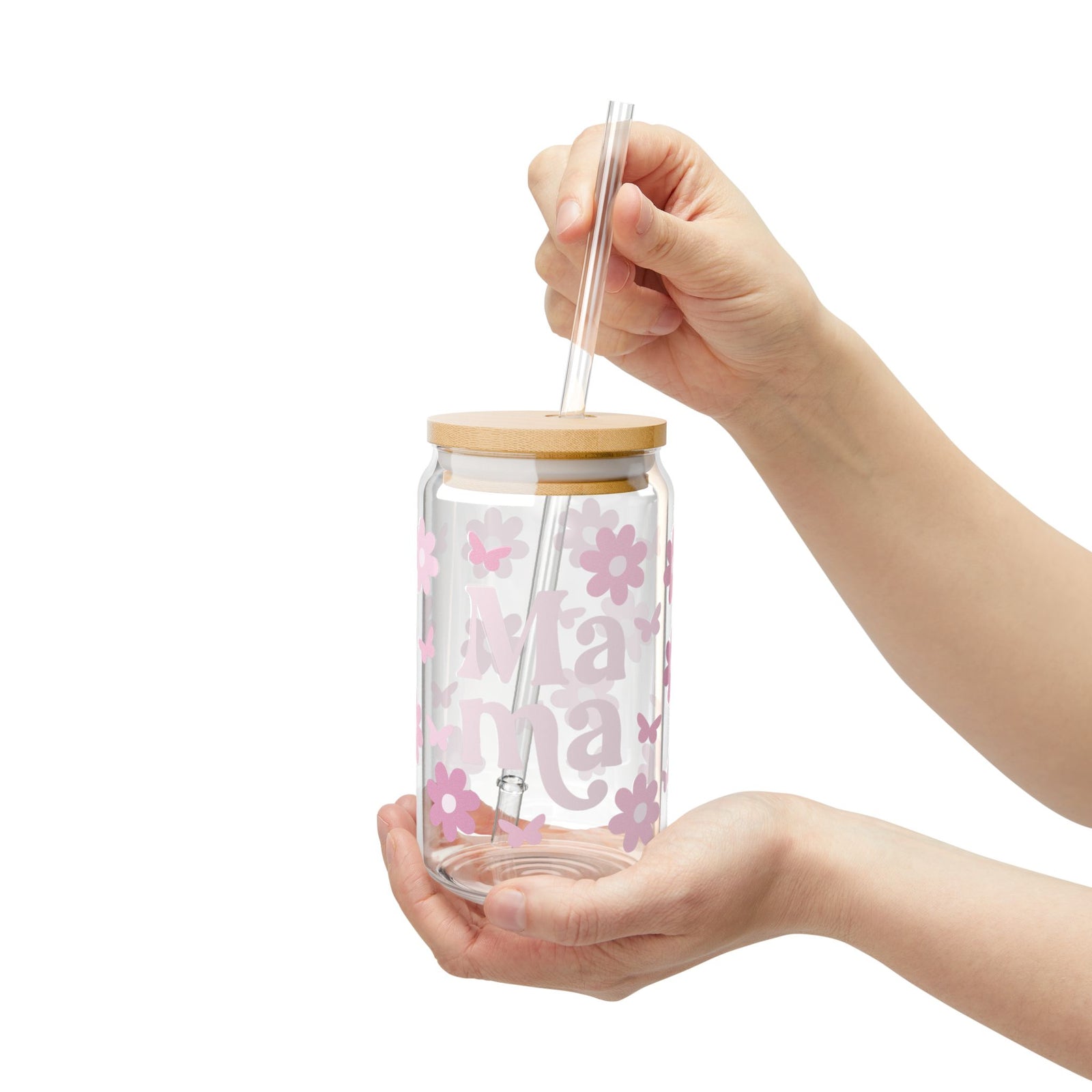 Mama Flower & Butterfly Tumbler Sipper Glass 16oz — Reusable Drink Jar with Lid & Straw