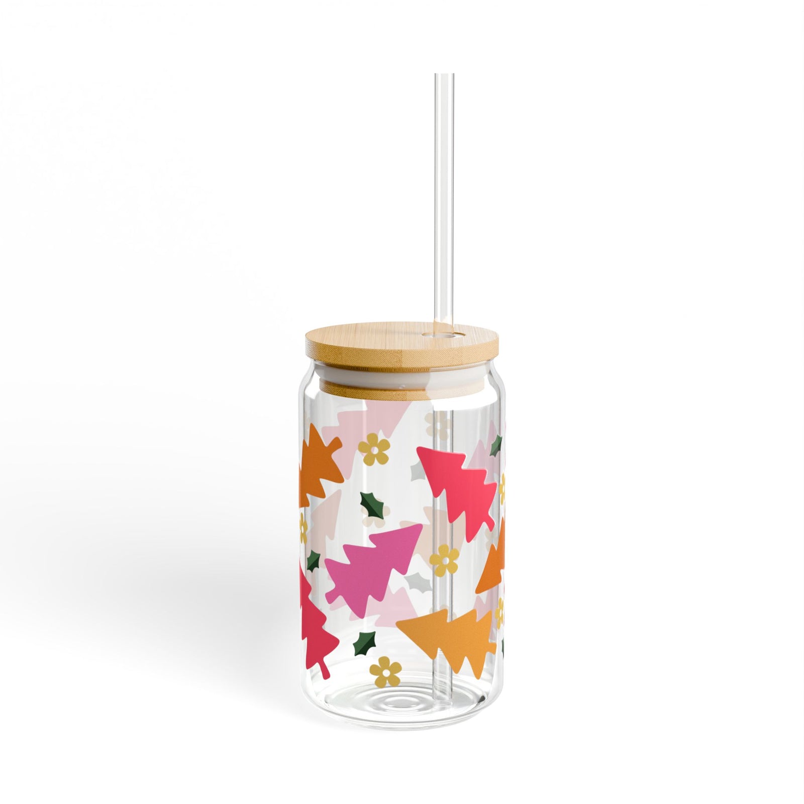 Groovy Christmas Holiday 16 oz reusable glass drink jar with lid and straw