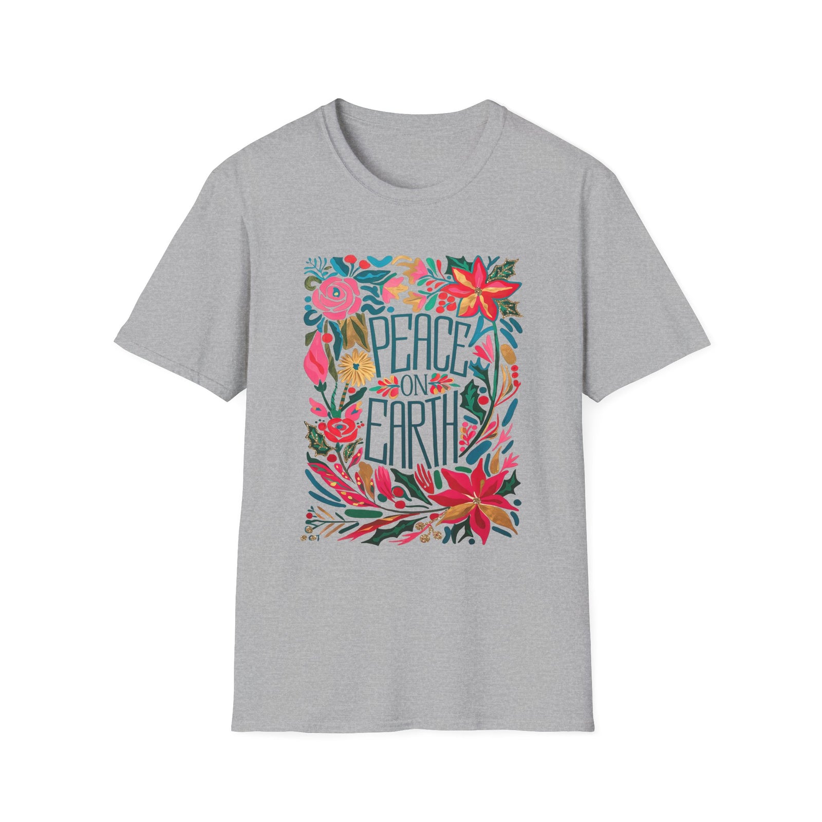 Peace on Earth Bright Christmas Florals Tee Graphic T-Shirt