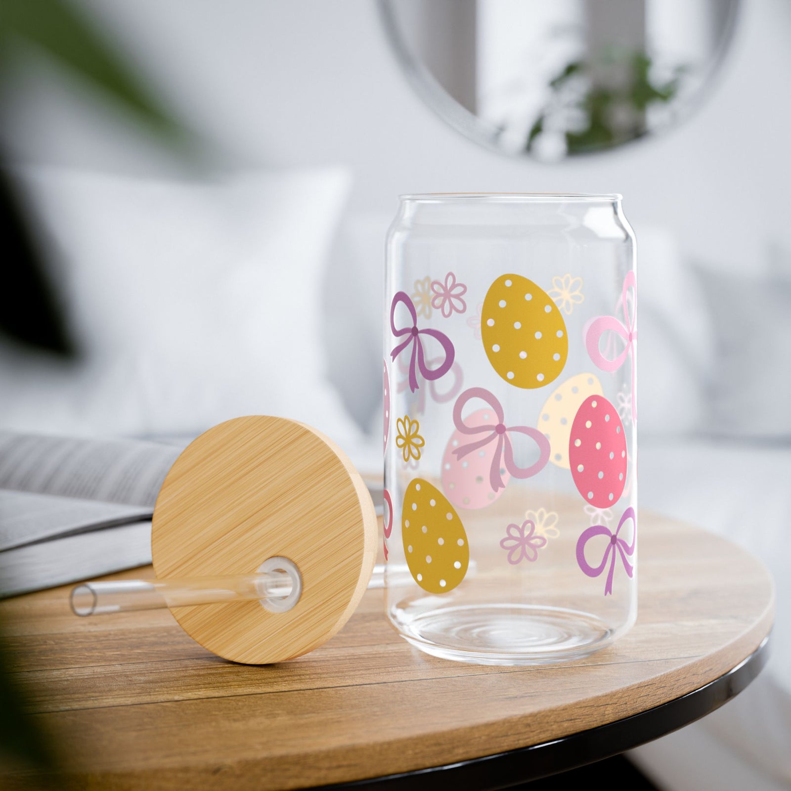 Easter Bows Tumbler Sipper Glass 16oz — Reusable Drink Jar with Lid & Straw