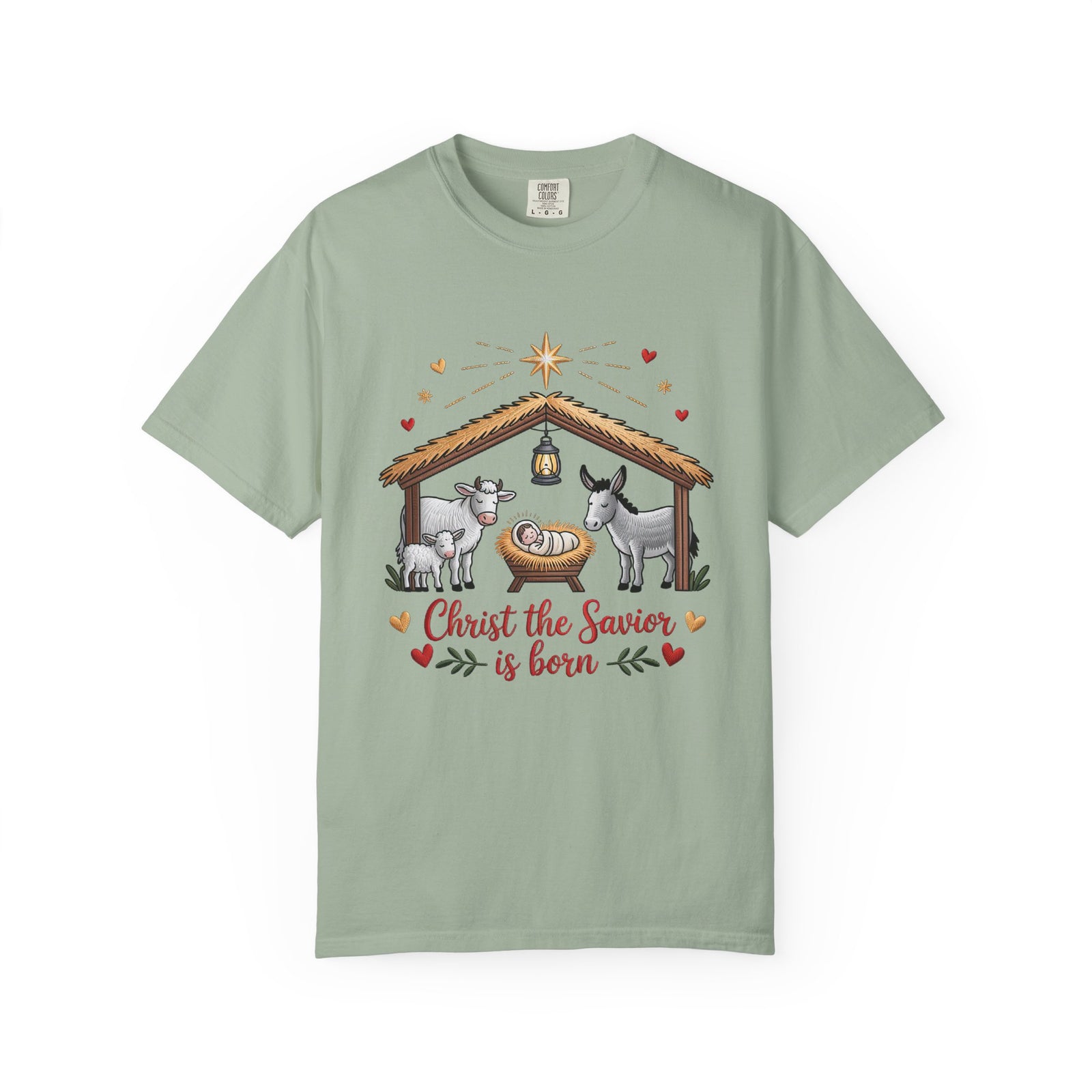 Christ the Savior is Born Faux Embroidery T-Shirt Nativity Scene Graphic Tee