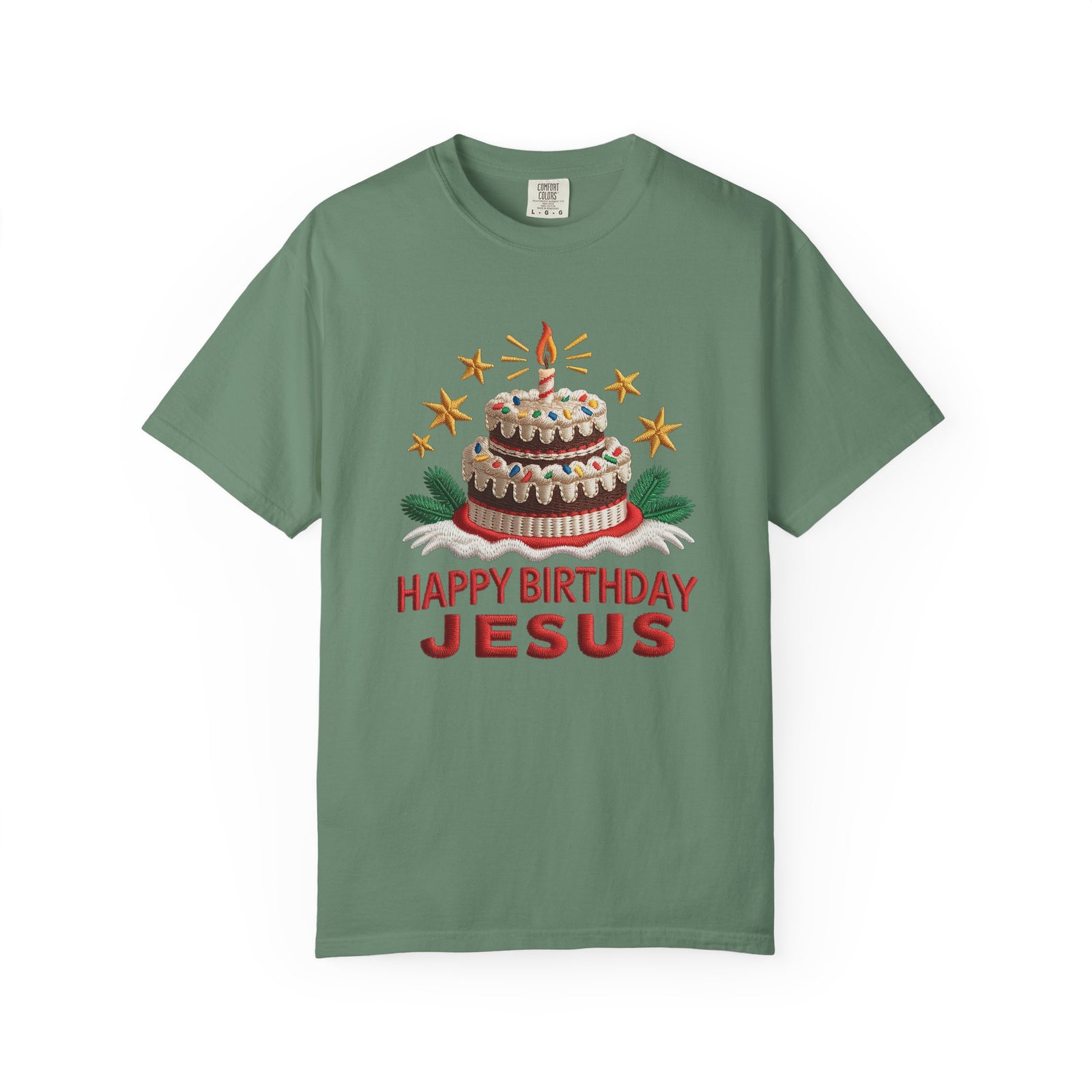 Happy Birthday Jesus Birthday Cake Faux Embroidery Tee Christmas Graphic T-Shirt