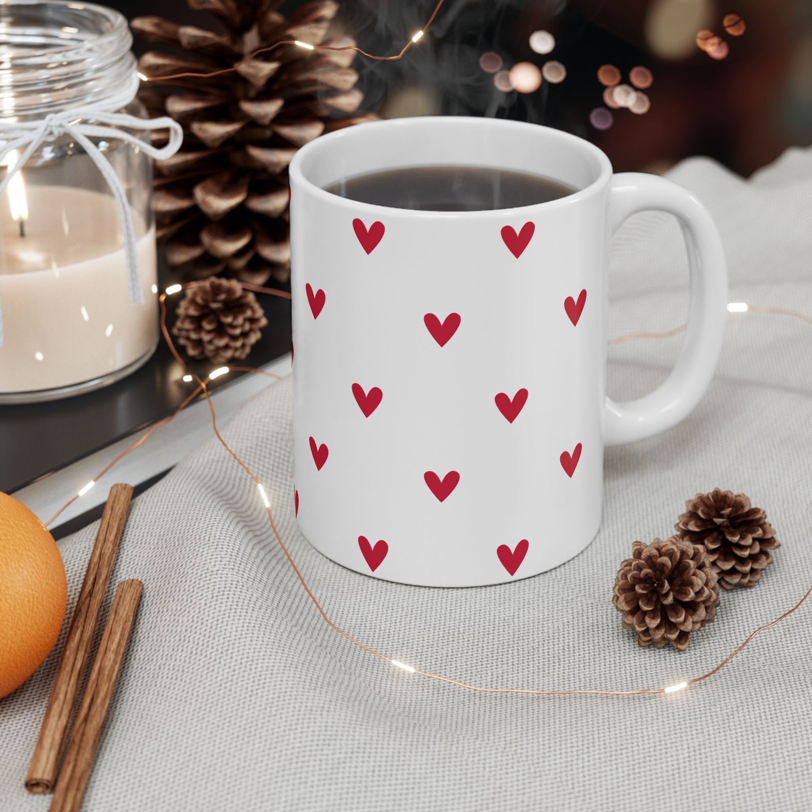 Red Heart Pattern Ceramic Mug — Cute Valentine Coffee Cup (11oz & 15oz) - Sydney So Sweet