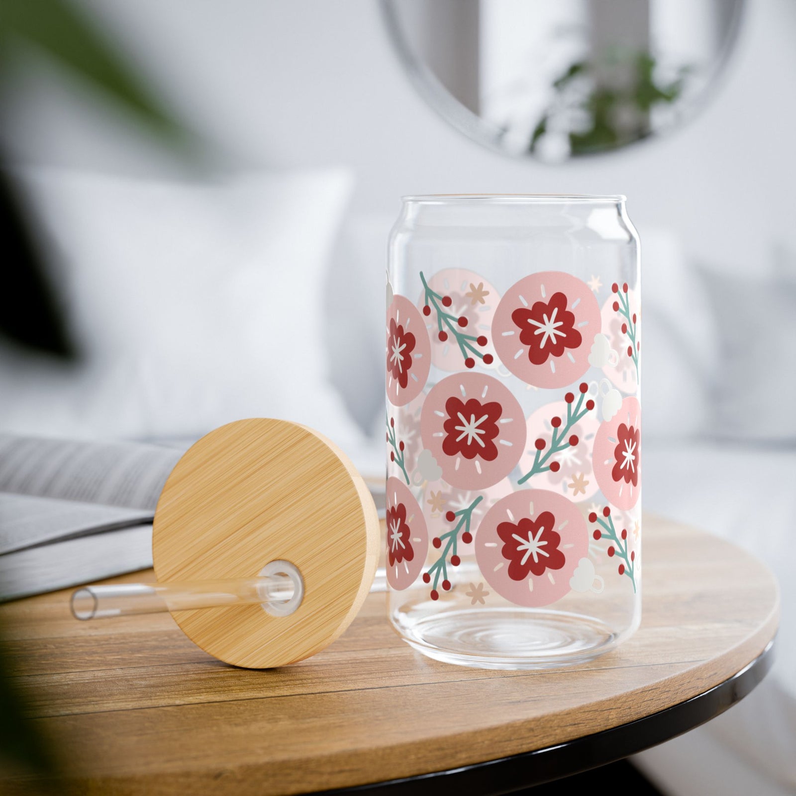 Hygge Christmas Holiday 16 oz reusable glass drink jar with lid and straw