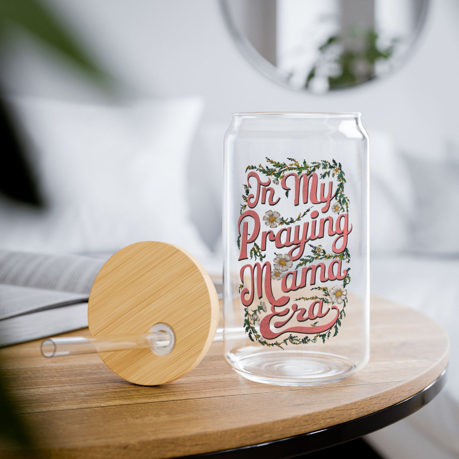In My Praying Mama Era Sipper Glass 16oz Reusable Drink Jar with Lid & Straw