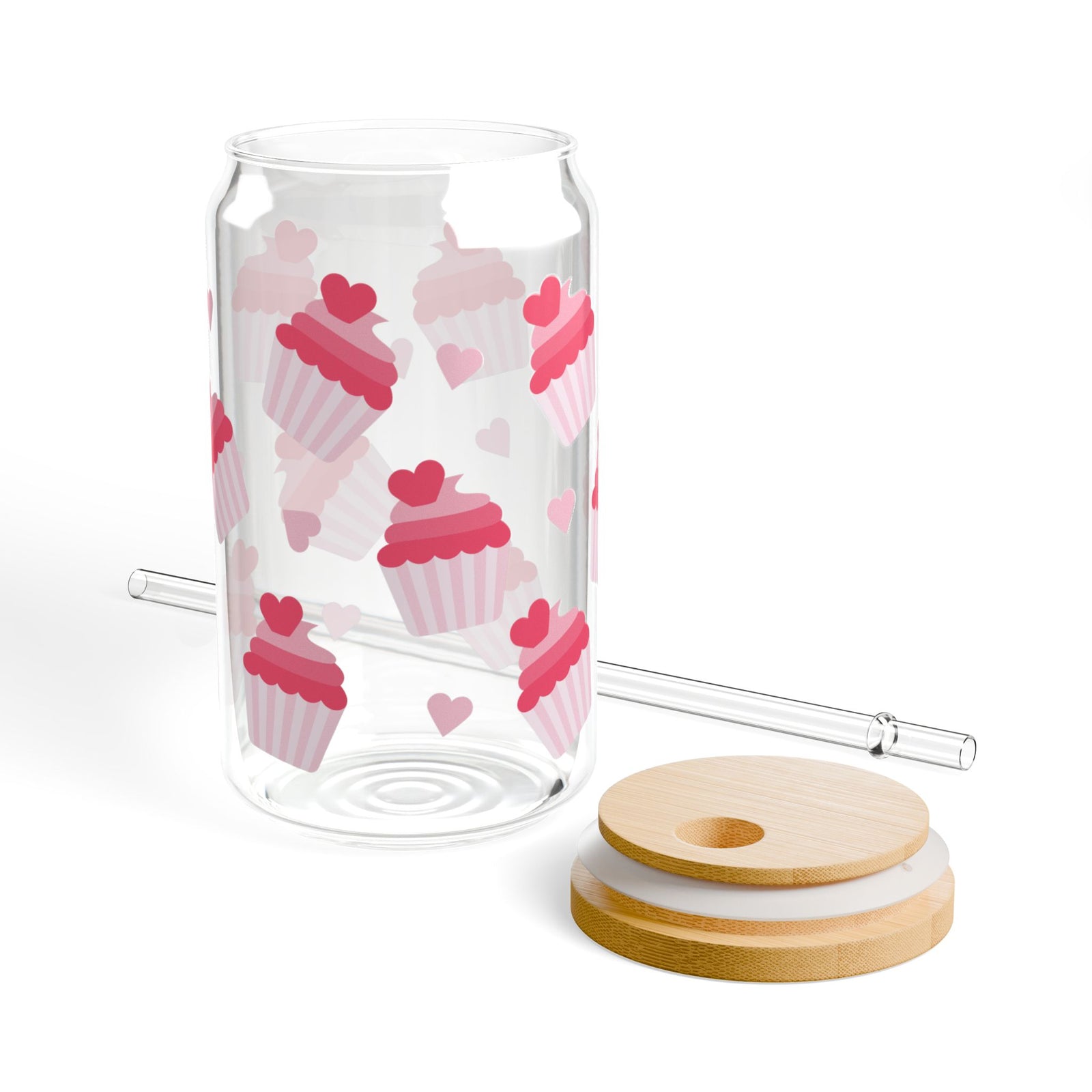 Cupcake Hearts Tumbler Sipper Glass 16oz — Reusable Drink Jar with Lid & Straw