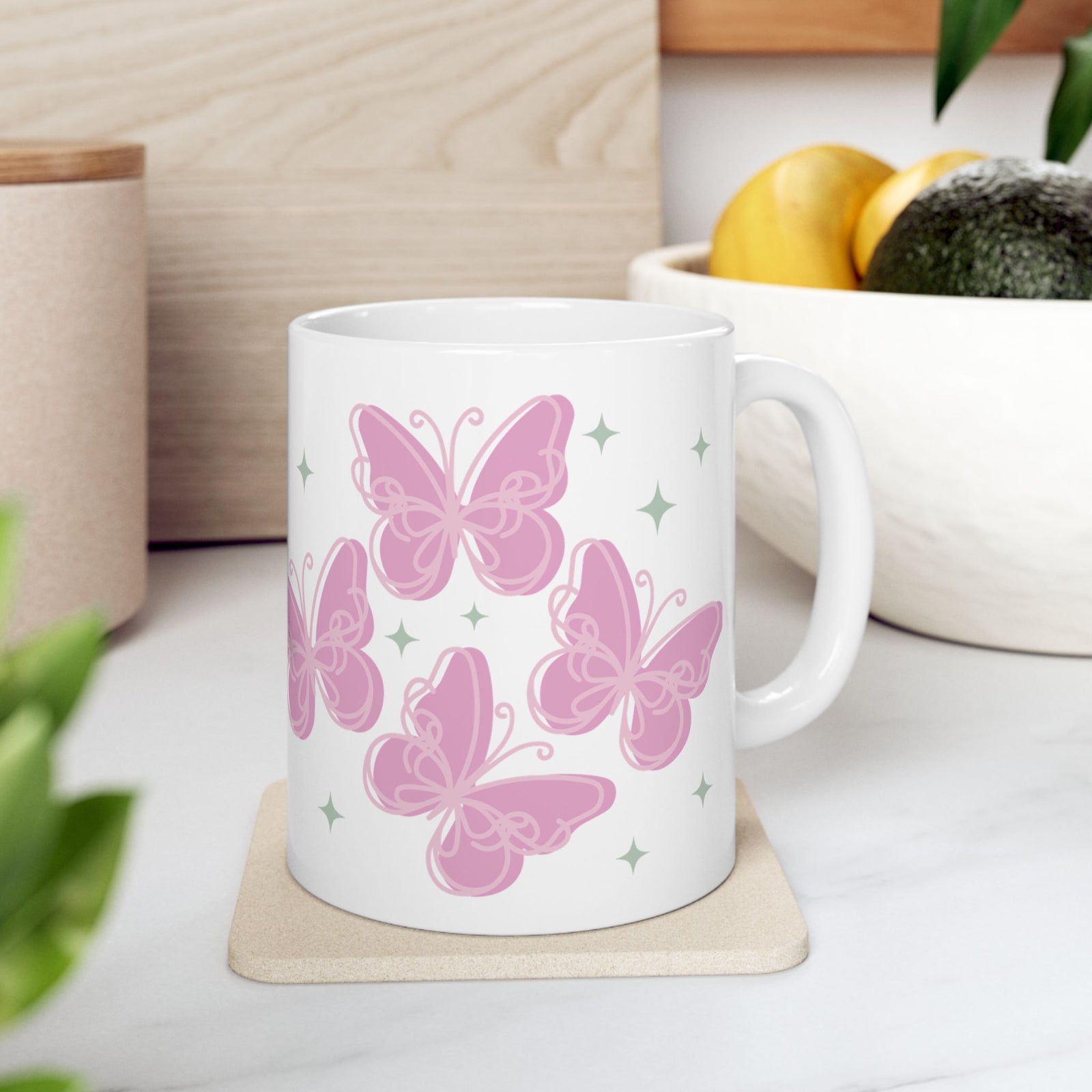 Flutter Pink Butterfly Cute Ceramic Mug Coffee Cup (11oz & 15oz)