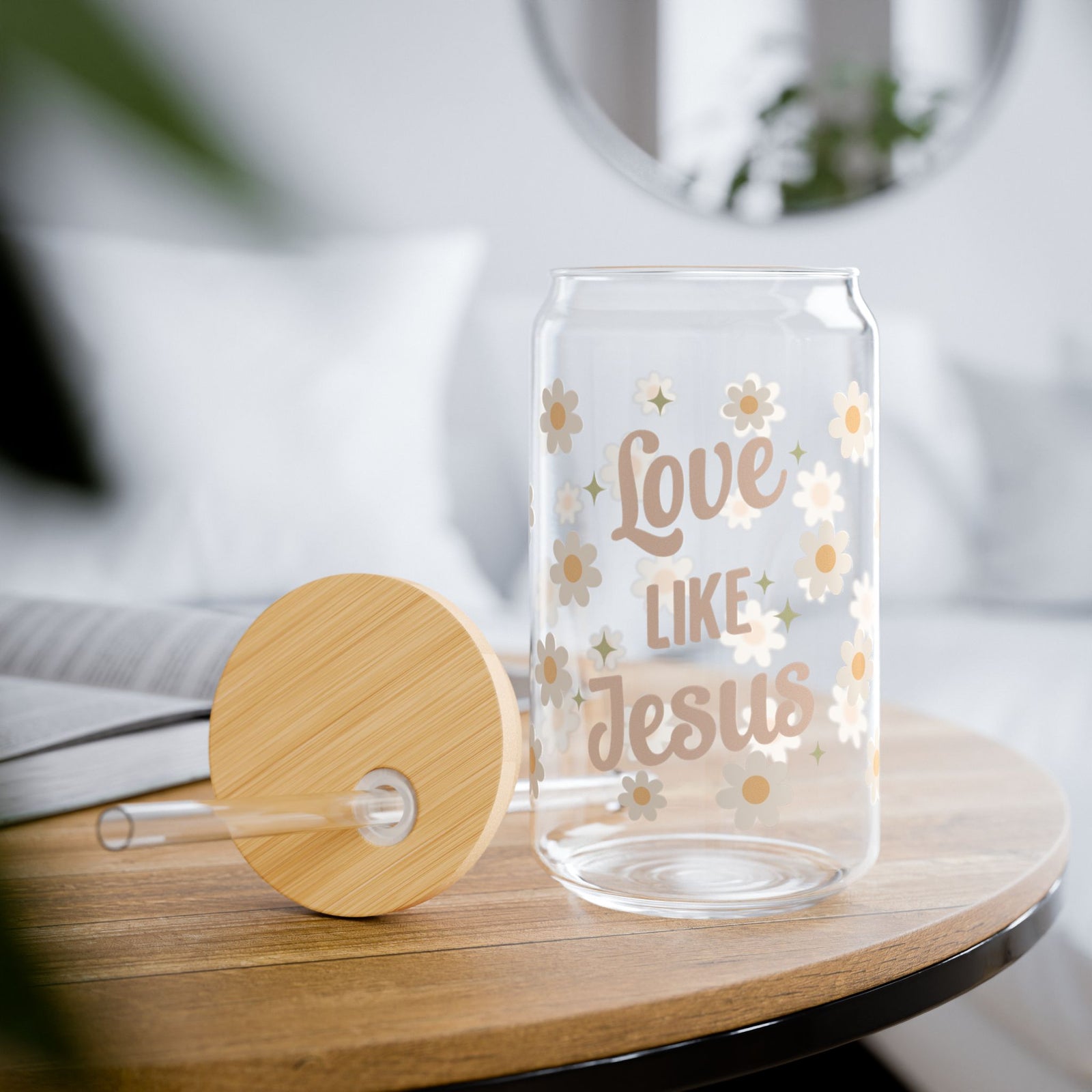 Love Like Jesus Daisy Flower Floral Christian Tumbler Sipper Glass 16oz — Reusable Drink Jar with Lid & Straw - Sydney So Sweet