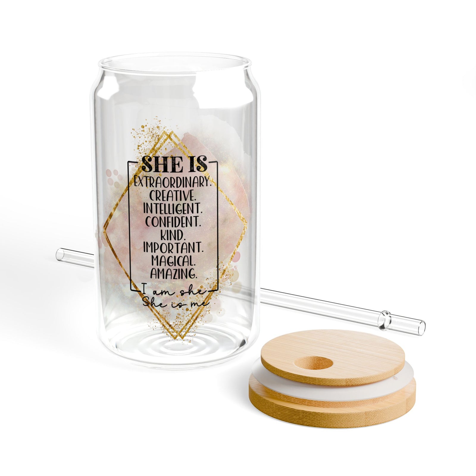 She is Me II Inspirational Tumbler Sipper Glass 16oz — Reusable Drink Jar with Lid & Straw - Sydney So Sweet