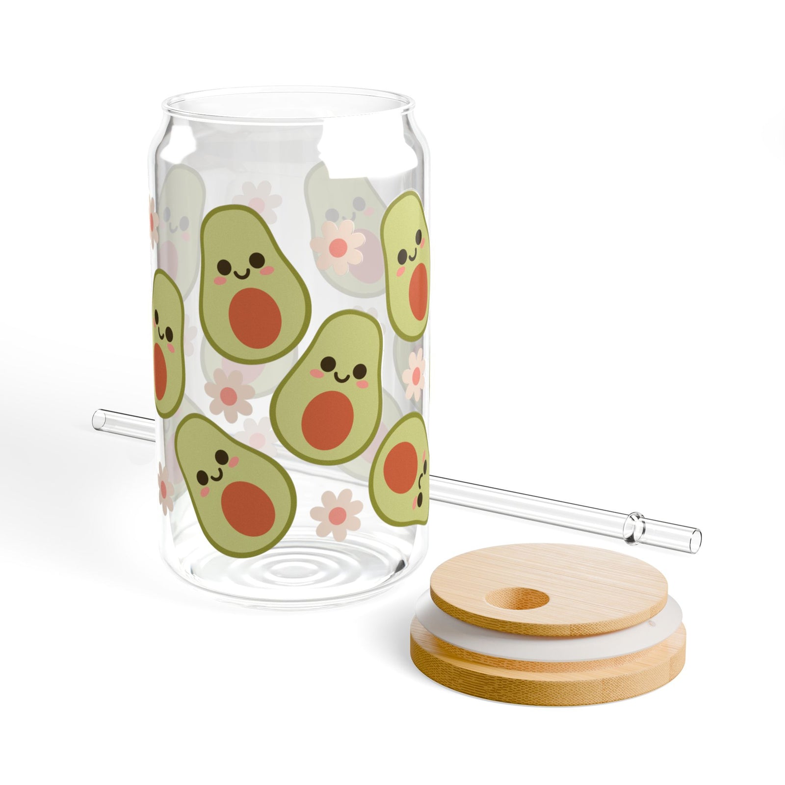 Happy Avocado Tumbler Sipper Glass 16oz — Reusable Drink Jar with Lid & Straw