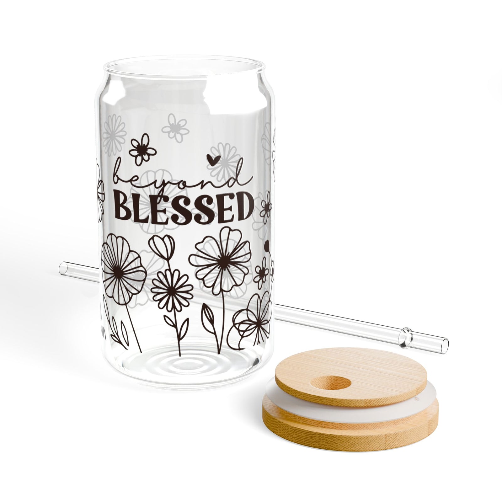 Beyond Blessed Tumbler Sipper Glass 16oz — Reusable Drink Jar with Lid & Straw