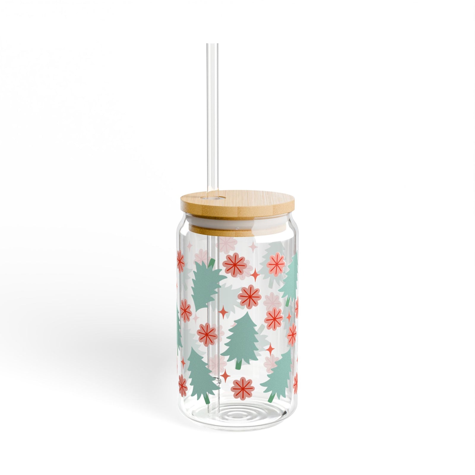 Holly Jolly Christmas Holiday 16 oz reusable glass drink jar with lid and straw