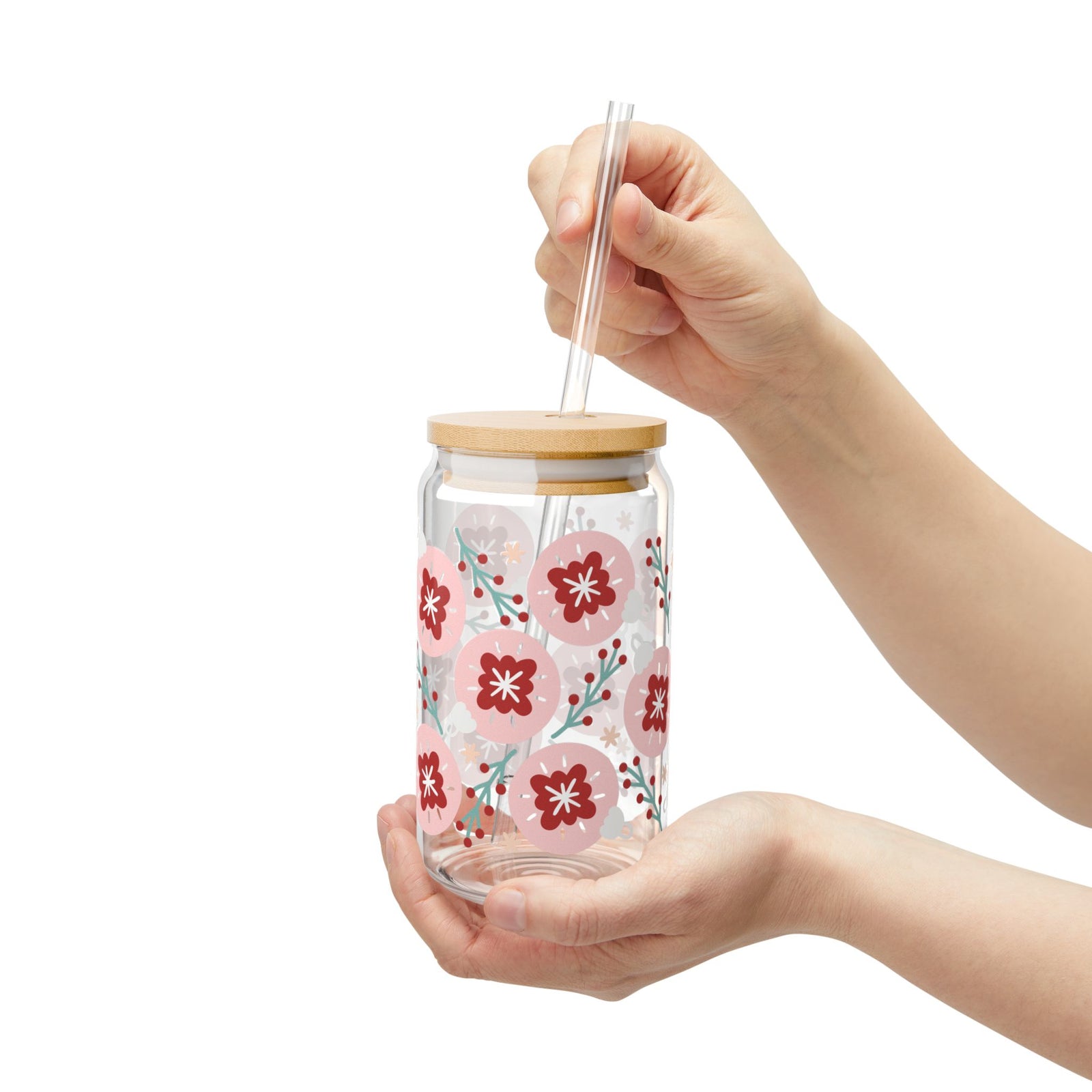 Hygge Christmas Holiday 16 oz reusable glass drink jar with lid and straw
