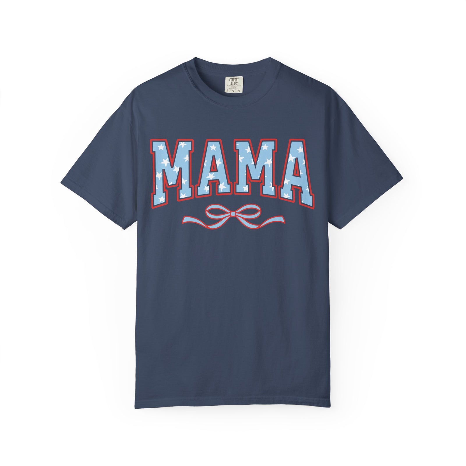 Mama 4th of July USA Coquette Varsity Blue Bow Patriotic T-shirt Preppy Star Tee