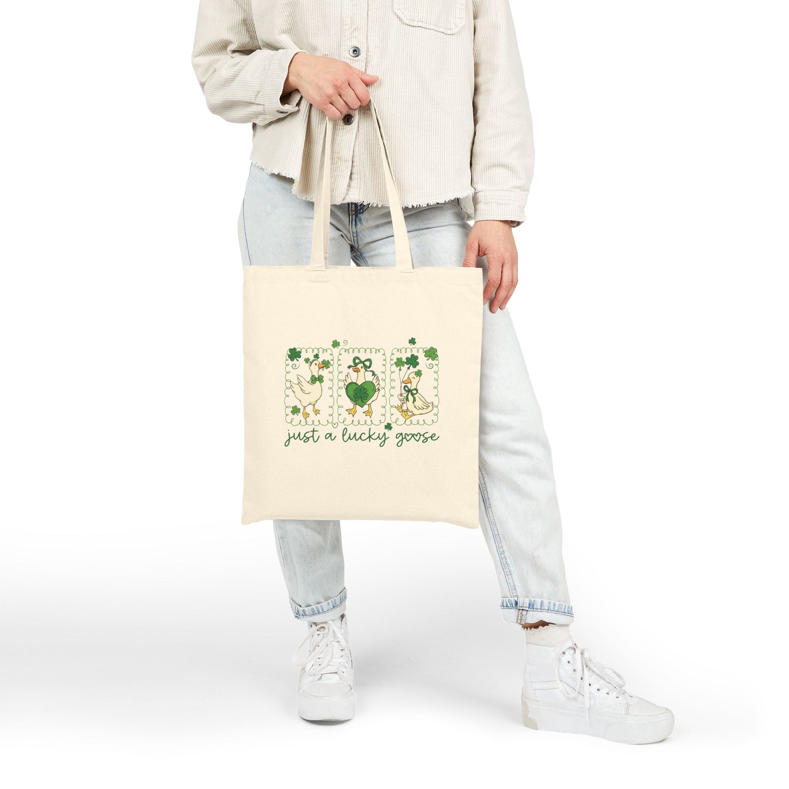 Just a Lucky Goose St. Patrick's Day Shamrock Cotton Canvas Tote Bag