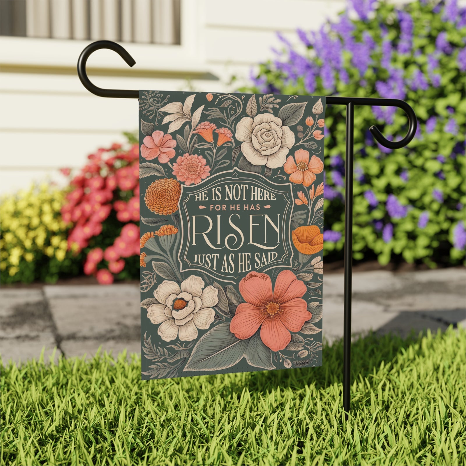 He Is Not Here For He Has Risen Green Easter Floral Garden Flag