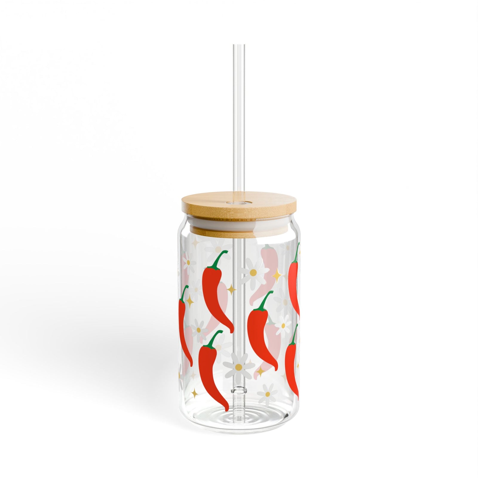 Spicy Chili Pepper Sipper Glass 16oz — Reusable Drink Jar with Lid & Straw