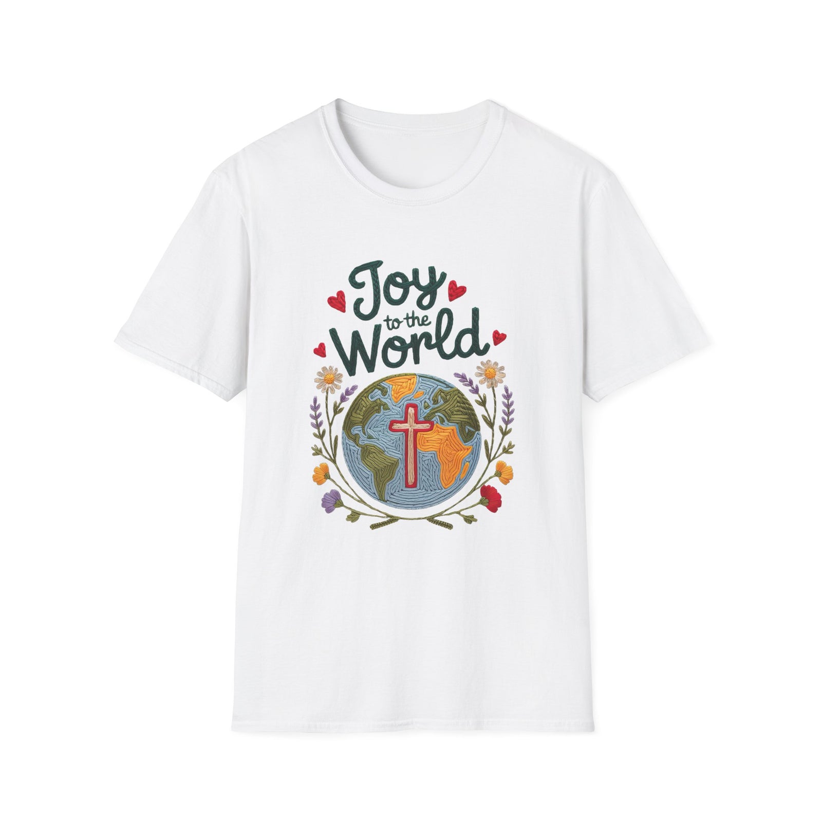 Joy to the World Christmas Tee Faux Embroidery Christian T-Shirt