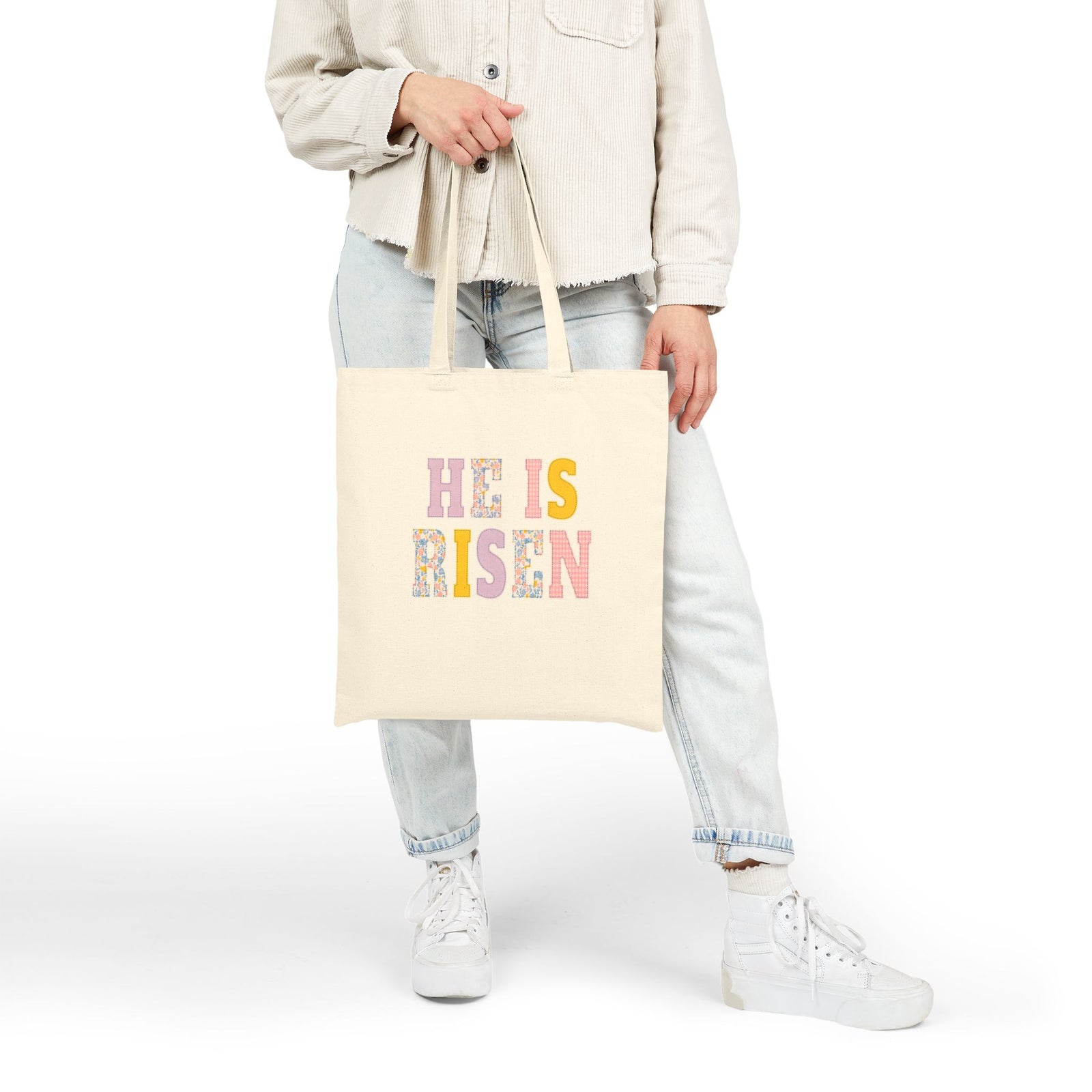 He Is Risen Canvas Tote Bag Easter Floral Faith Grocery & Church Bag