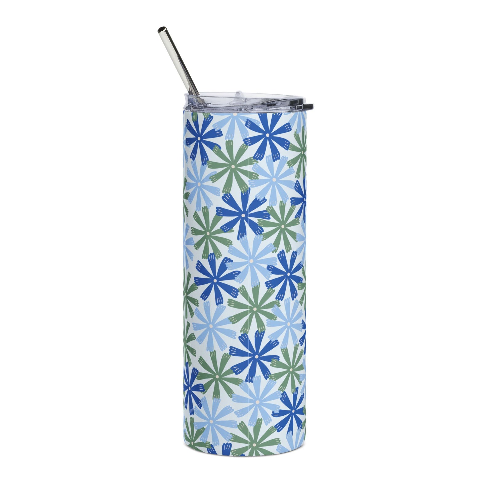 Blue & Green Floral Starburst 20oz Stainless Steel Tumbler Insulated Travel Cup
