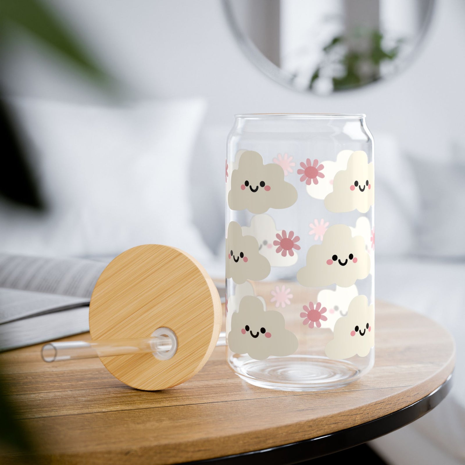 Cute Kawaii Cloud Tumbler Sipper Glass 16oz — Reusable Drink Jar with Lid & Straw